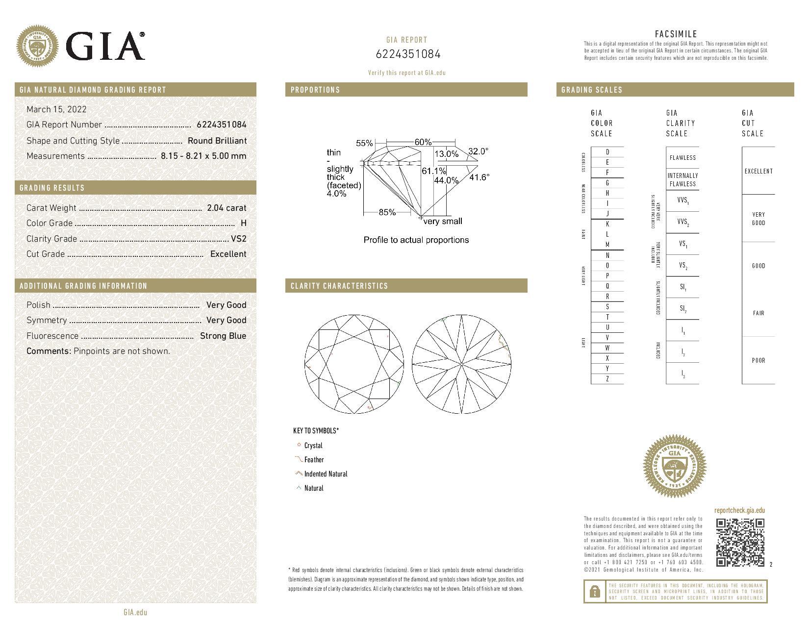 Diamante suelto - Brillante redondo 2,04ct GIA H VS2 Solitario Corte redondo en venta
