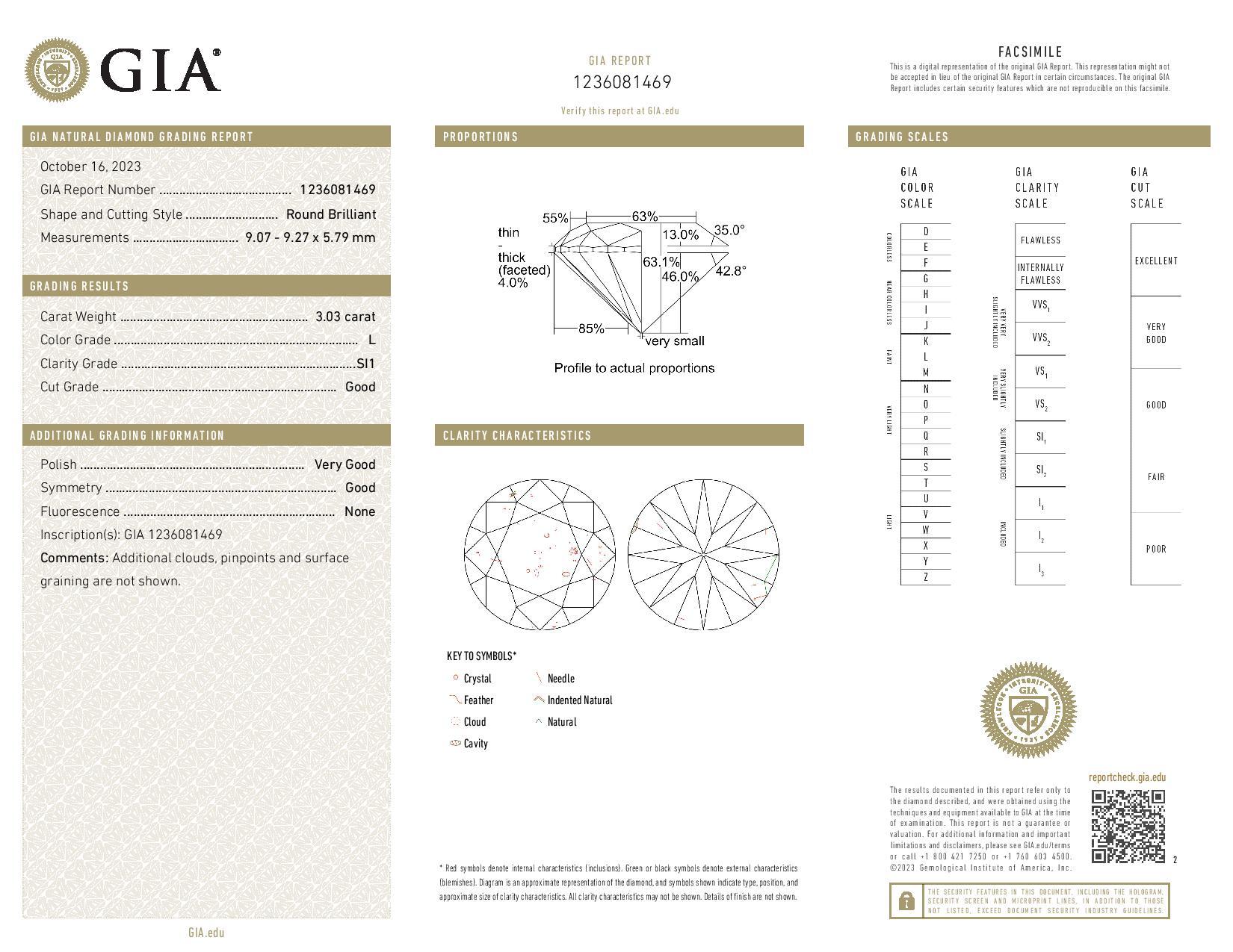 Loose Diamond - Round Brilliant 3.03ct GIA L SI1 Solitaire In New Condition For Sale In Greensboro, NC