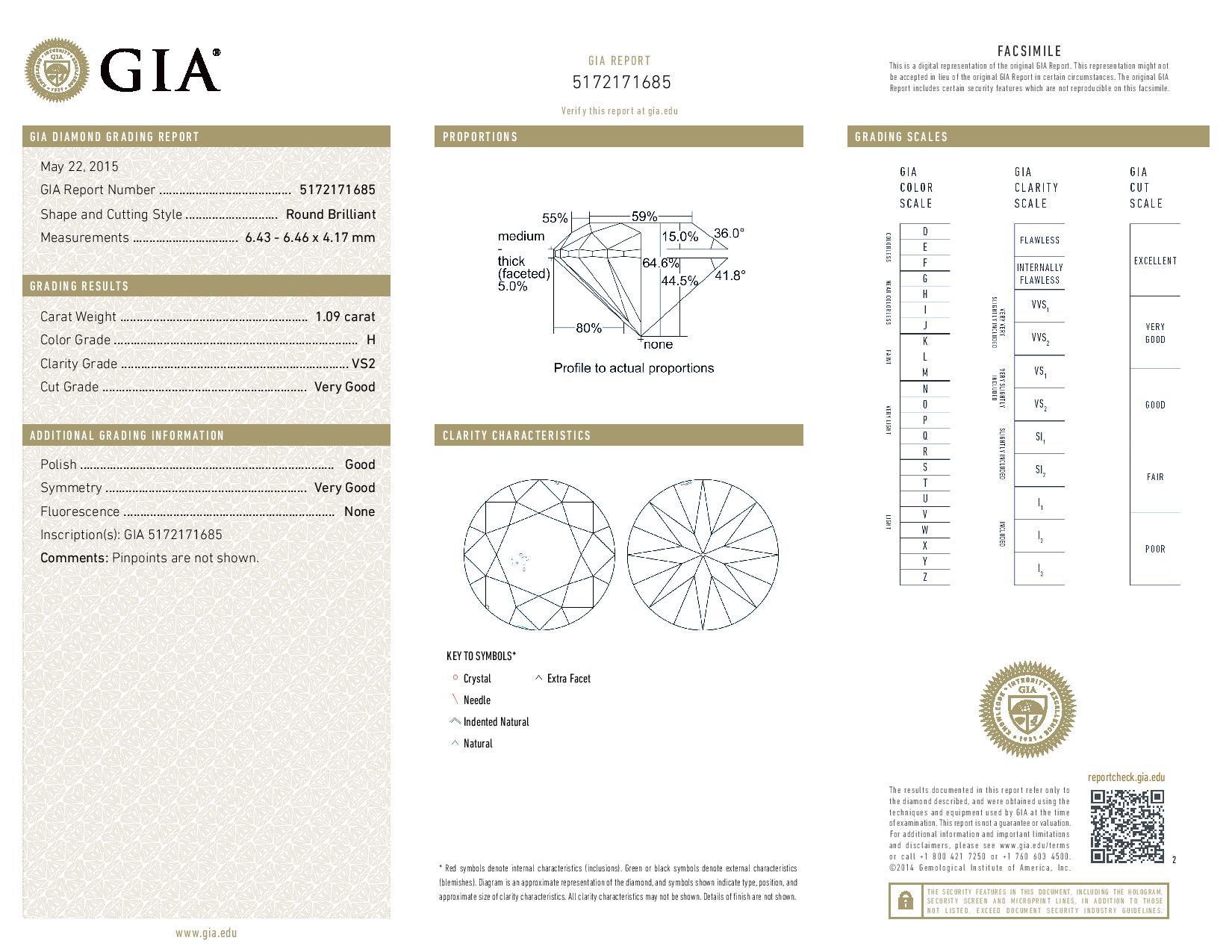 Loose Diamond, Round Brilliant Cut 1.09 Carat GIA H VS2 Solitaire In New Condition In Greensboro, NC