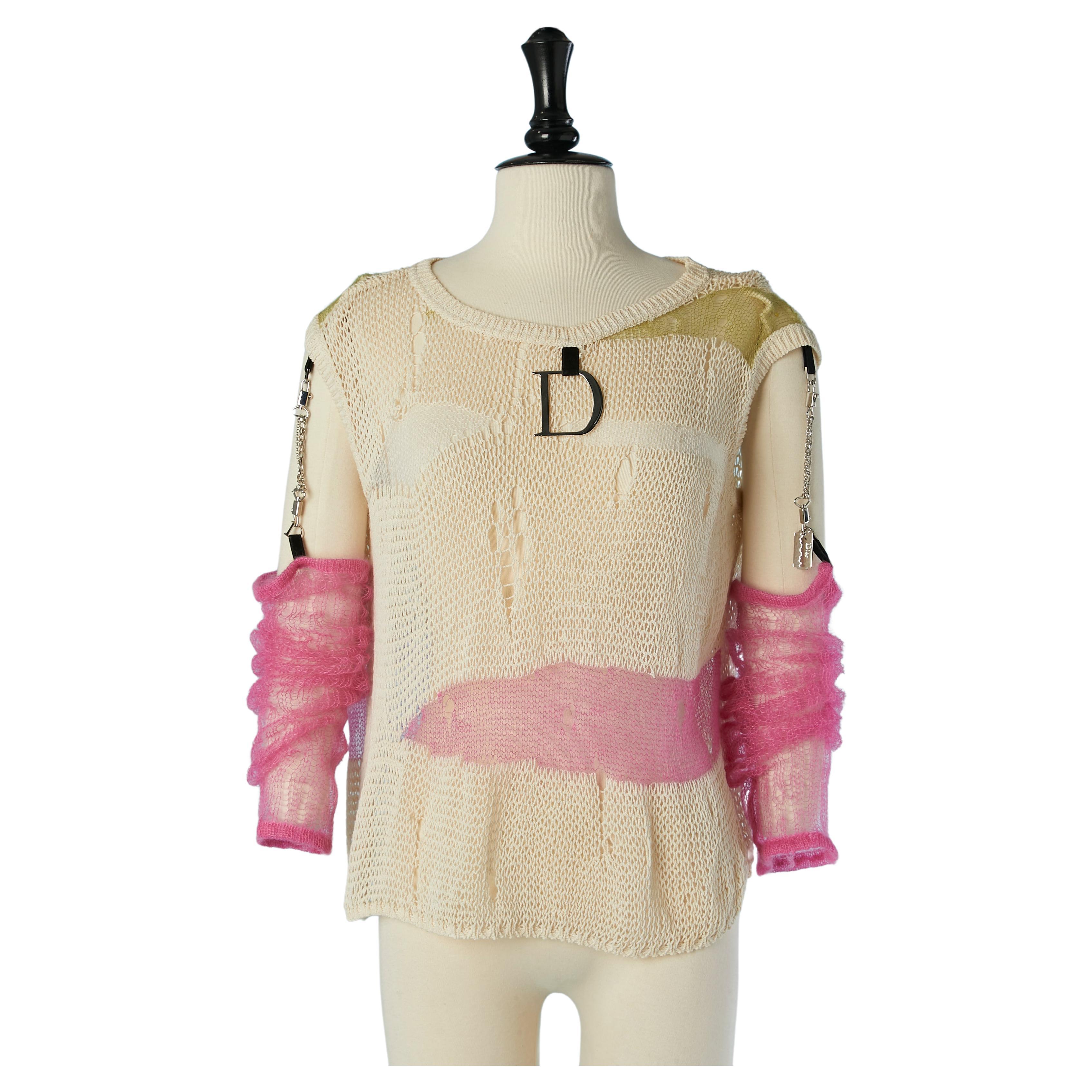 Loose knit sweater with pink mohair sleeves Christian Dior by John Galliano For Sale