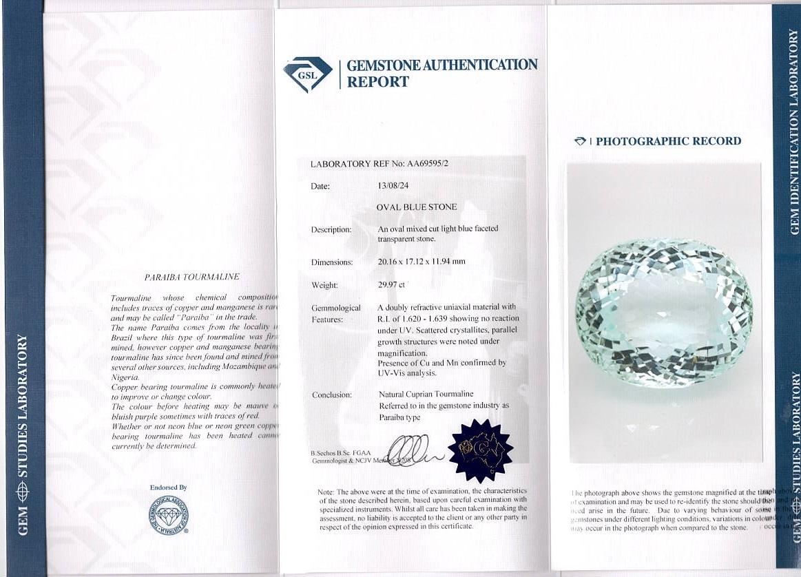 Loose Paraiba Tourmaline - oval cut - light blue - 29.97cts For Sale 4