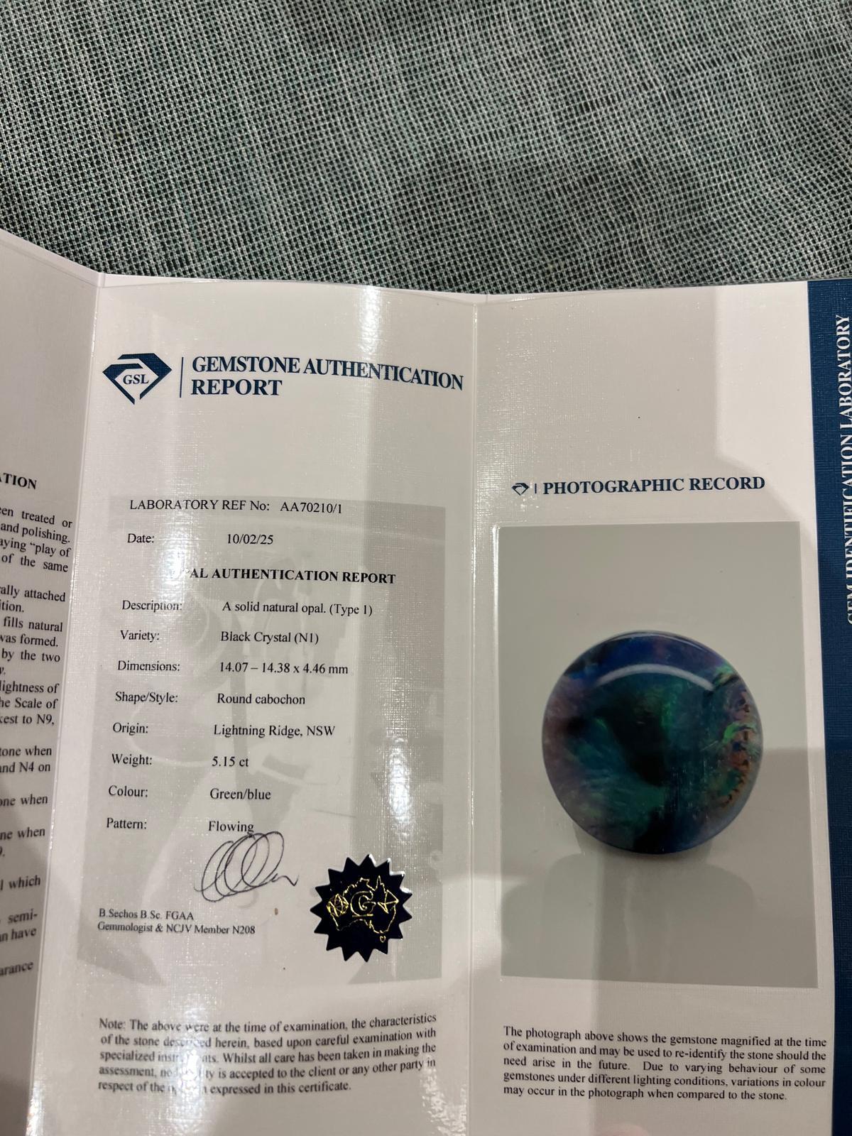 Opale nero tondo sciolto Lightning Ridge 5,15ct- Verde/Blu a flusso continuo in vendita 5
