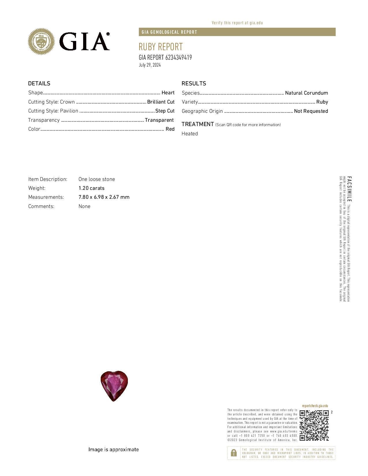 Solitaire rouge avec cœur de 1,20 carat certifié GIA Neuf - En vente à Greensboro, NC