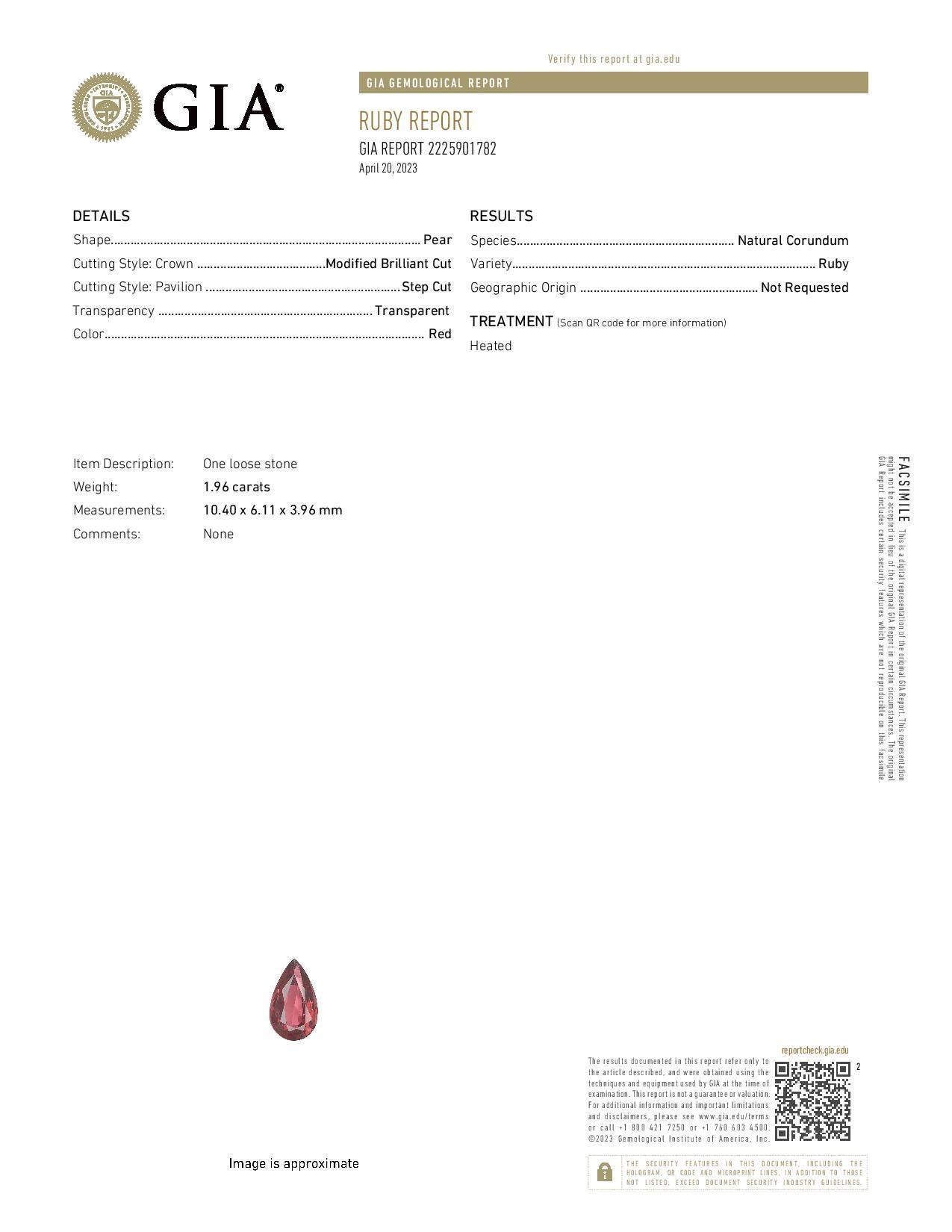 Rubí Suelto - Pera 1.96ct GIA Rojo Solitario en Nuevo estado para la venta en Greensboro, NC