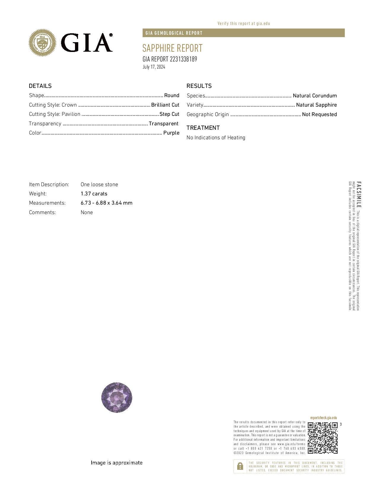 Loose Sapphire Loose Gemstone - Round 1.37ct GIA Purple Solitaire In New Condition For Sale In Greensboro, NC