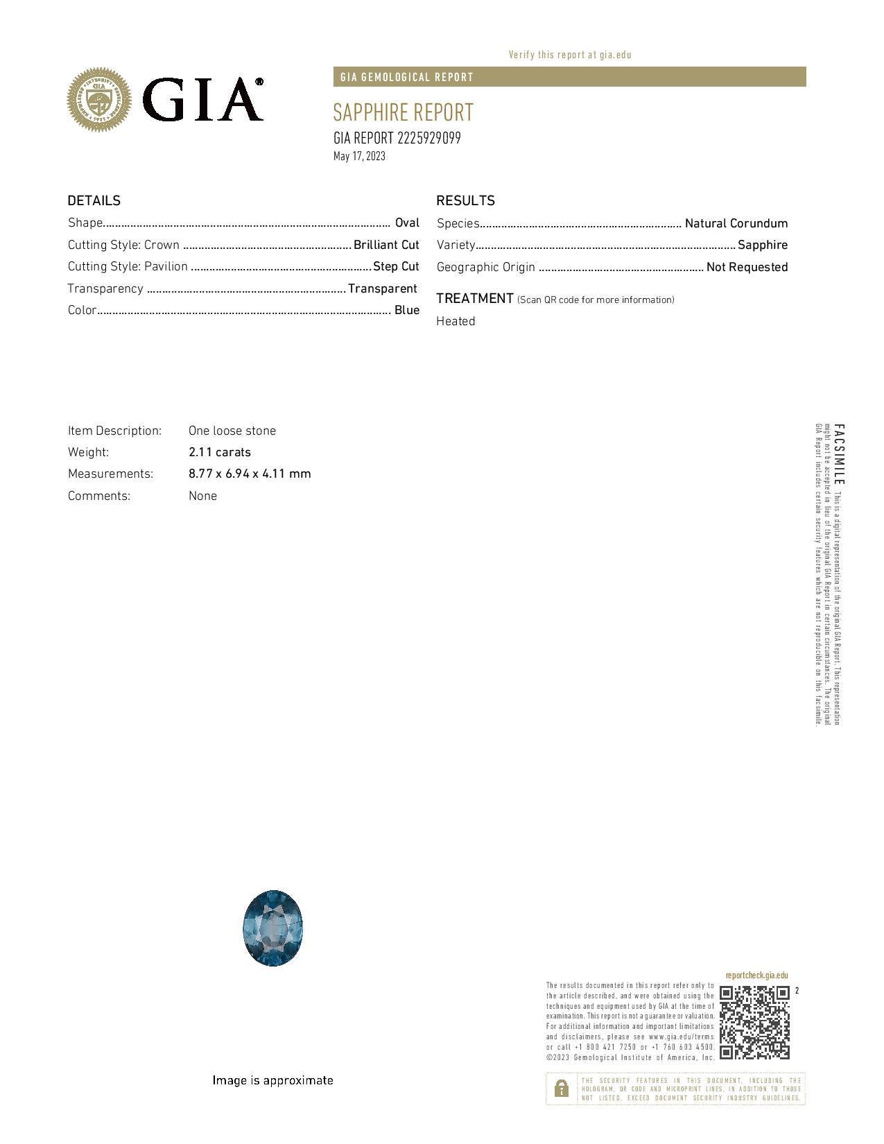 Loser Saphir - Oval 2,11ct GIA Blauer Solitär im Zustand „Neu“ im Angebot in Greensboro, NC