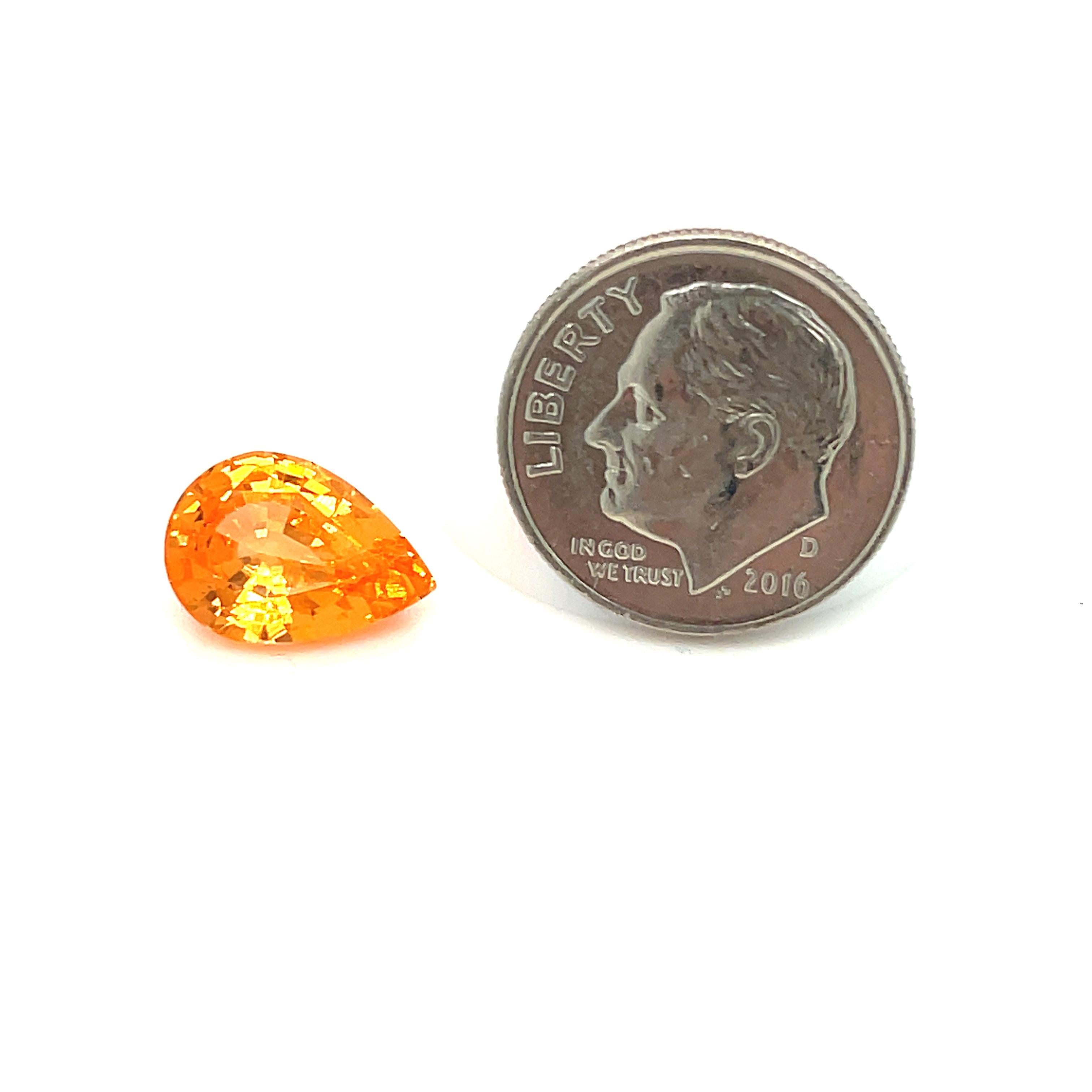 Women's or Men's Loose Spessartite Mandarin Garnet, 4.50 Carat Pear Shape Gem for Ring, Pendant For Sale