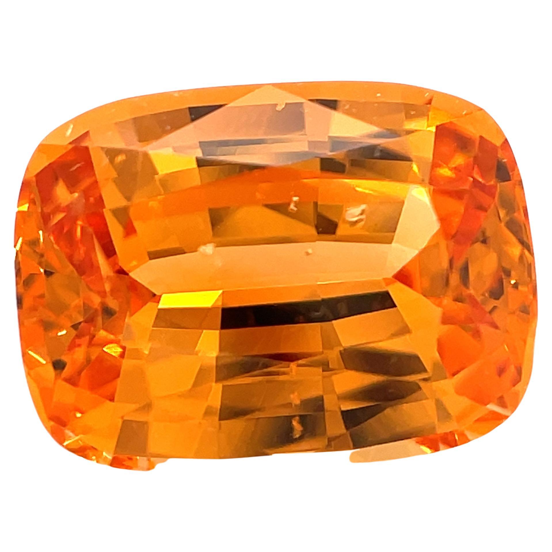 If you love the bright color of Mandarin oranges, this gemstone is for you! This brilliant, electric orange spessartite garnet is simply stunning! Weighing 4.51 carats, it is a beautifully faceted cushion cut with exceptional clarity, bursting with