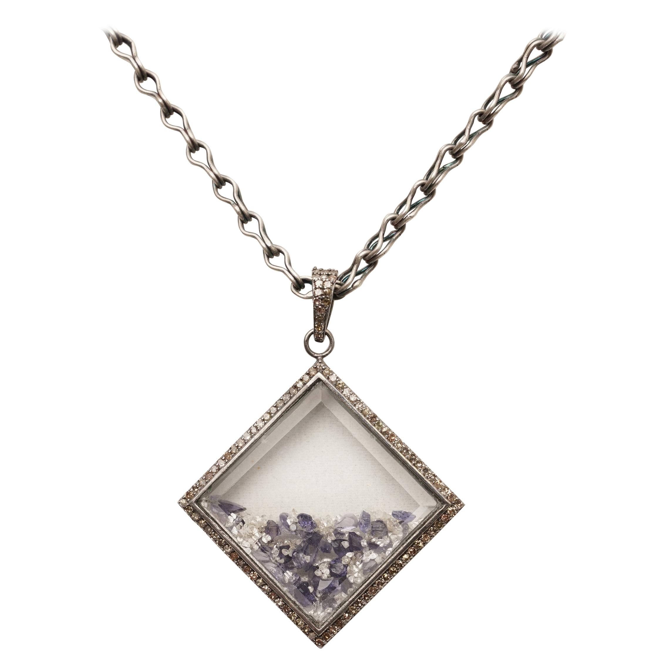 Loose Stones of Diamonds and Iolite in Picture Frame Pendant on Long Chain