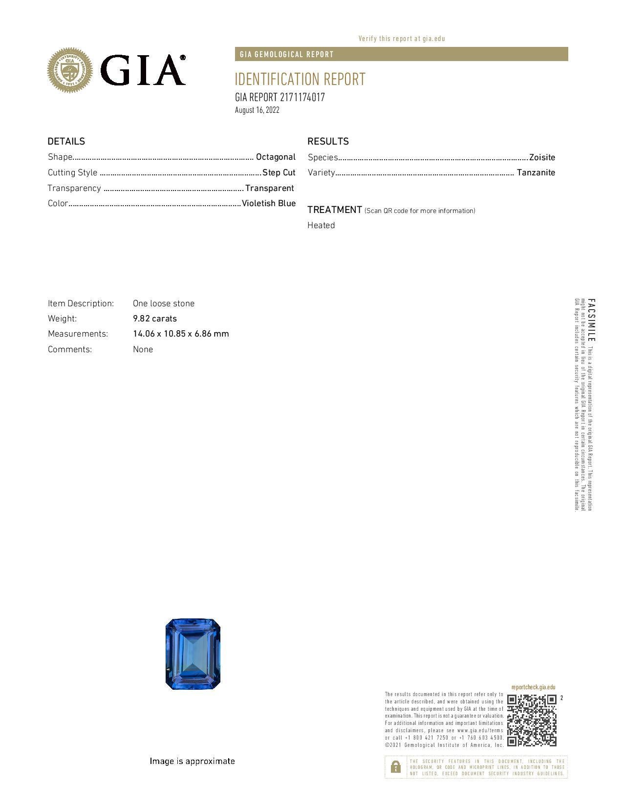 Tanzanita Suelta - Corte Esmeralda 9.82ct GIA Solitario Azul Violeta en Nuevo estado para la venta en Greensboro, NC