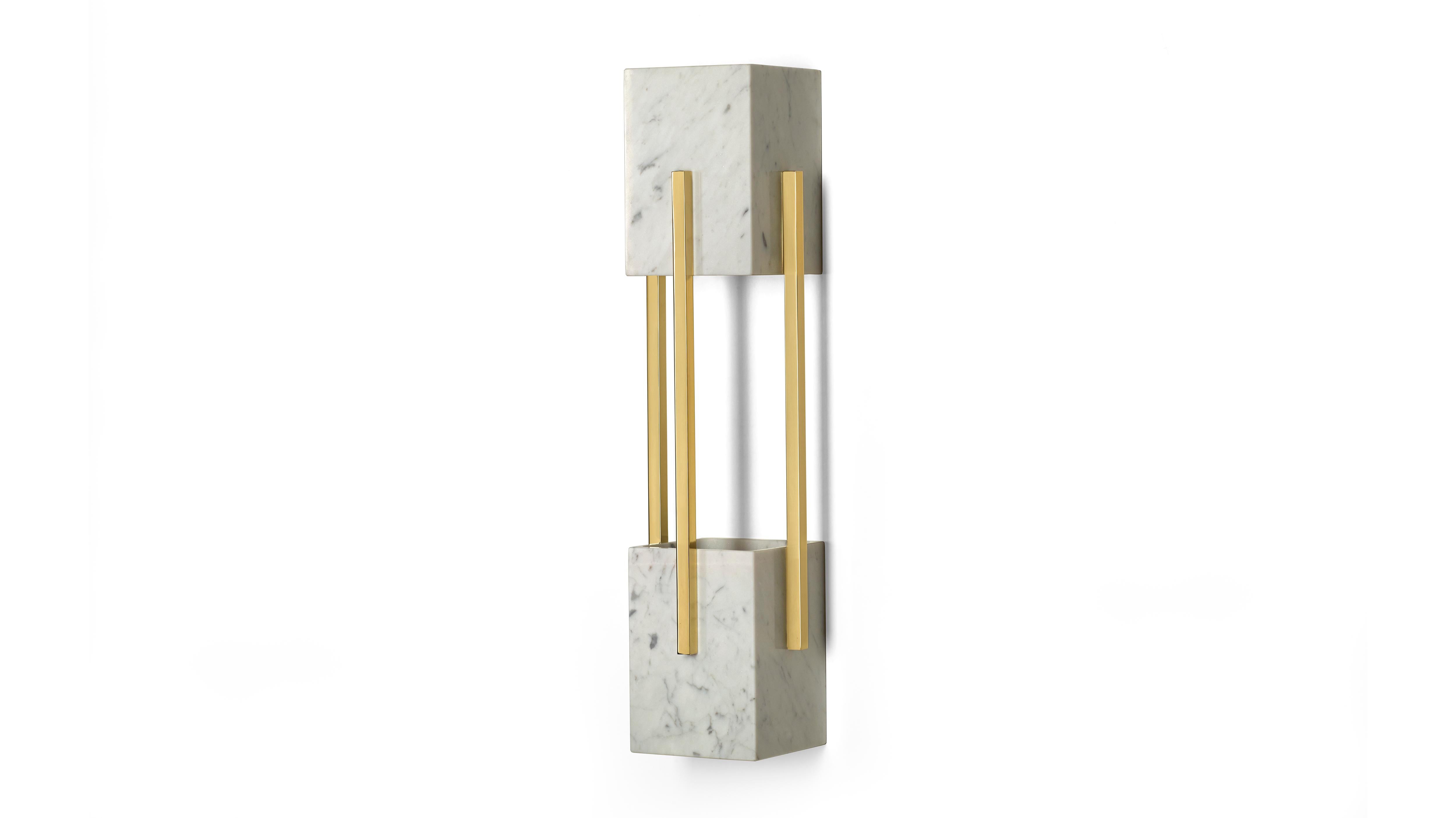 Looshaus Carrara Marble and Brass Wall Lamp by InsidherLand
Dimensions: D 13 x W 14 x H 56 cm.
Materials: Carrara marble, polished brass.
3.5 kg.
Available in other marbles and metals.

The Looshaus building by Architect Adolf Loos in Vienna marked