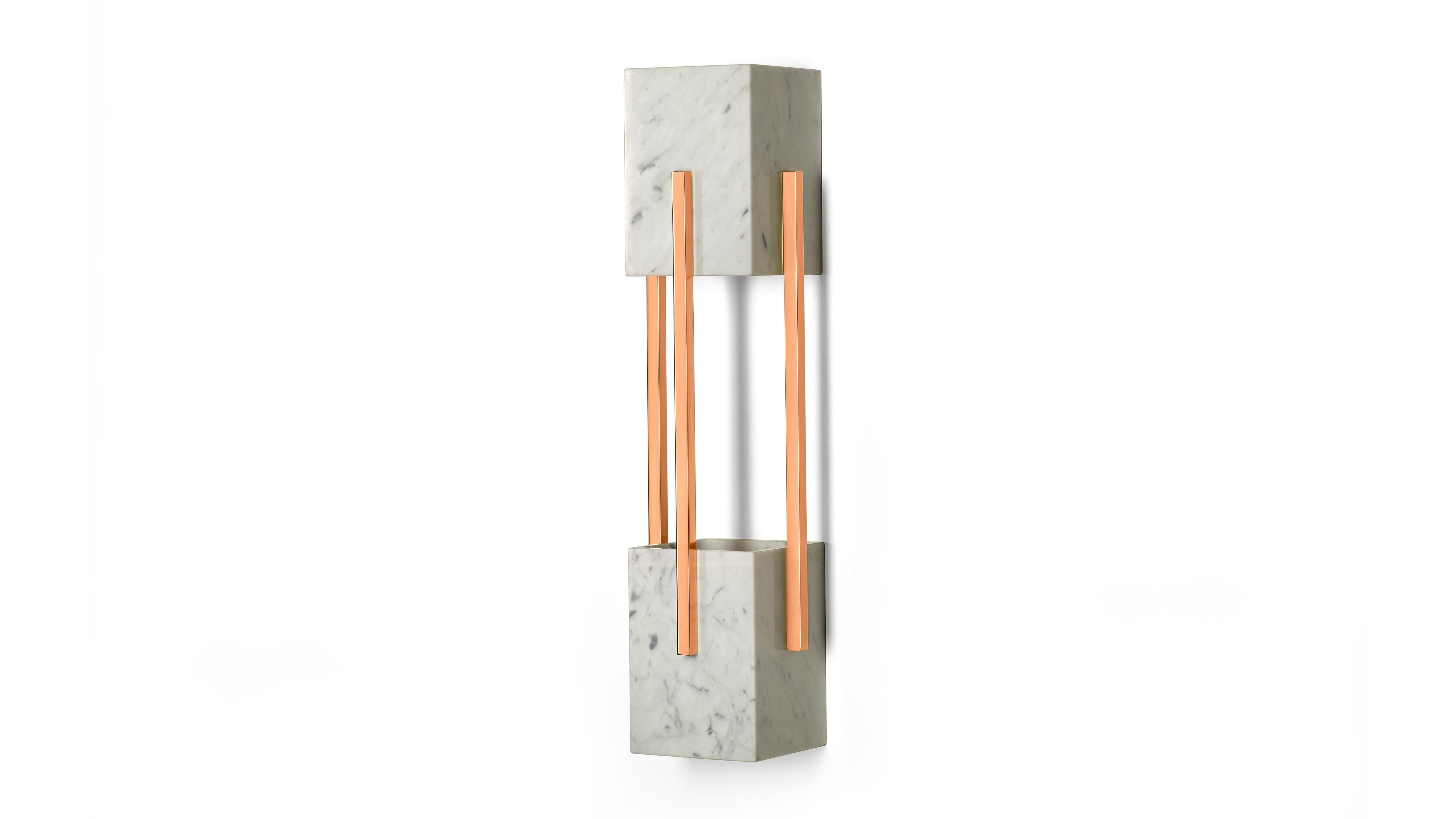 Looshaus Carrara Marble and Copper Wall Lamp by InsidherLand
Dimensions: D 13 x W 14 x H 56 cm.
Materials: Carrara marble, polished copper.
3.5 kg.
Available in other marbles and metals.

The Looshaus building by Architect Adolf Loos in Vienna