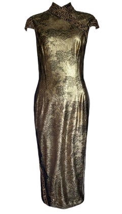 Lopez Knudson Bespoke Gold Lamé & Spitze Cheongsam inspiriertes Cocktailkleid