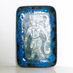 Vassoio decorativo in rame smaltato blu Maya 1960 Lopez Rodezno dell'Honduras