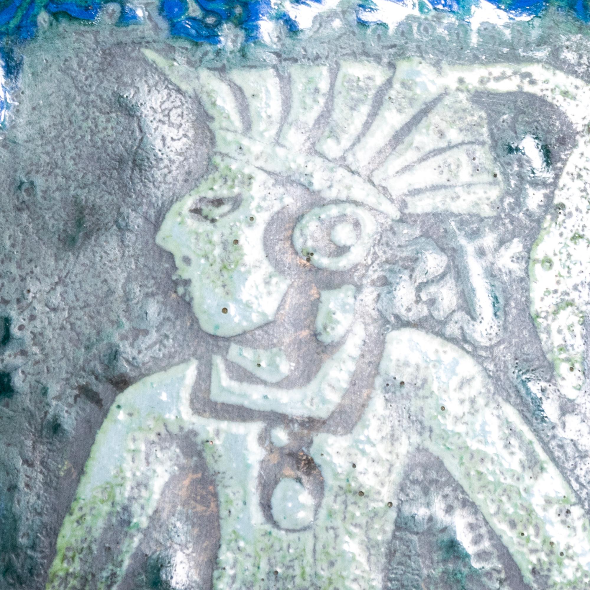 Mid-Century Modern Mayan Blue Enamel Copper Art Decorative Tray 1960s Lopez Rodezno of Honduras