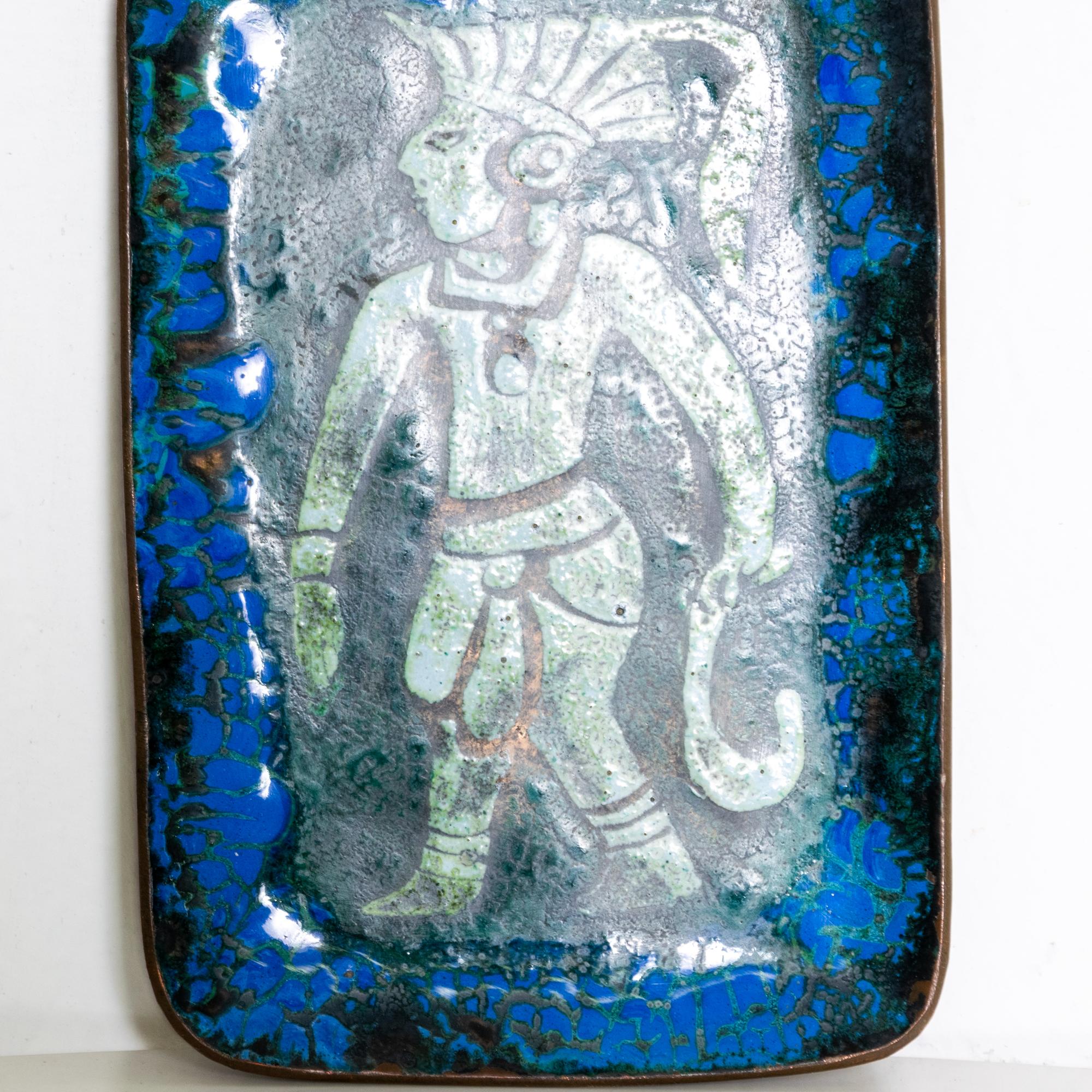 Honduran Mayan Blue Enamel Copper Art Decorative Tray 1960s Lopez Rodezno of Honduras
