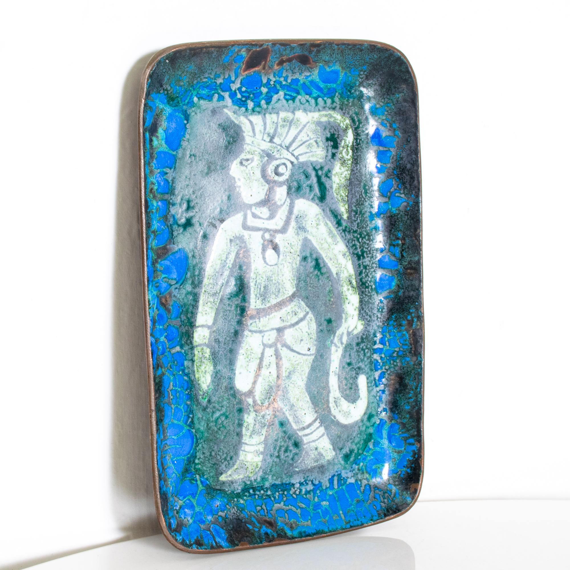 Mid-20th Century Mayan Blue Enamel Copper Art Decorative Tray 1960s Lopez Rodezno of Honduras