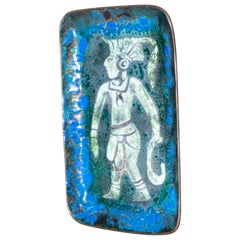  Mayan Blue Enamel Copper Art Decorative Tray 1960s Lopez Rodezno of Honduras