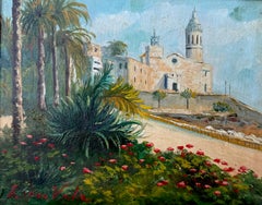 Luminous Mediterranean View of Sitges Church with Palms and Flowers oil painting