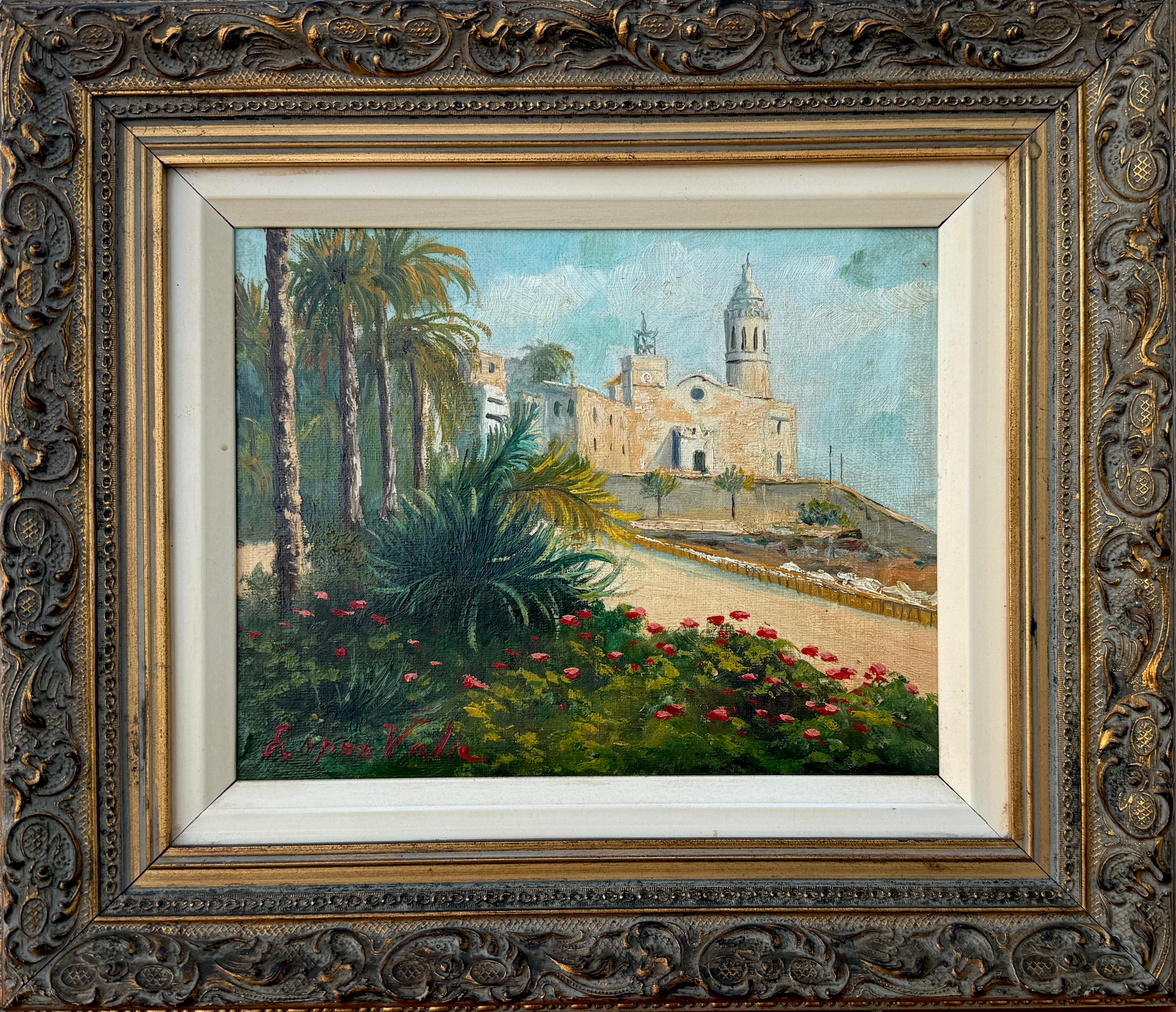 Luminous Mediterranean View of Sitges Church's with Palms and Flowers Ölgemälde