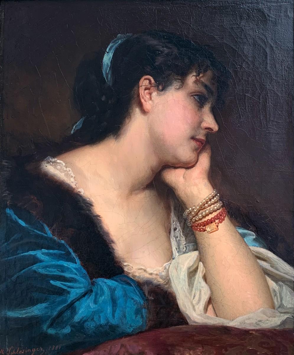 Jeune femme songeuse par Léopold SCHLESSINGER (1814 / 1880) en vente 1