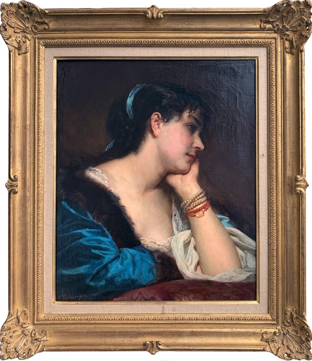 Portrait de jeune femme songeuse, 1881 Huile sur toile Signée et datée en bas à gauche : L. Profiles 1881 Dim sans cadre 46/56 Dim avec cadre 66/75 Cadre sculpté et doré Ce portrait représente une jeune femme en buste, de profil, le visage appuyé
