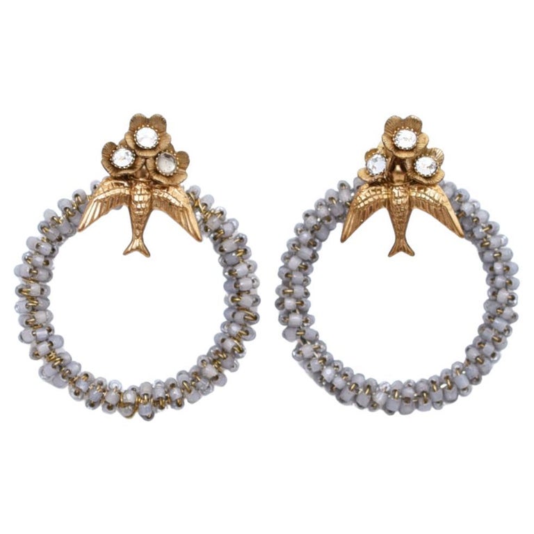 loquat flower and birds round earring (2way) / vintage jewelry ,1970's