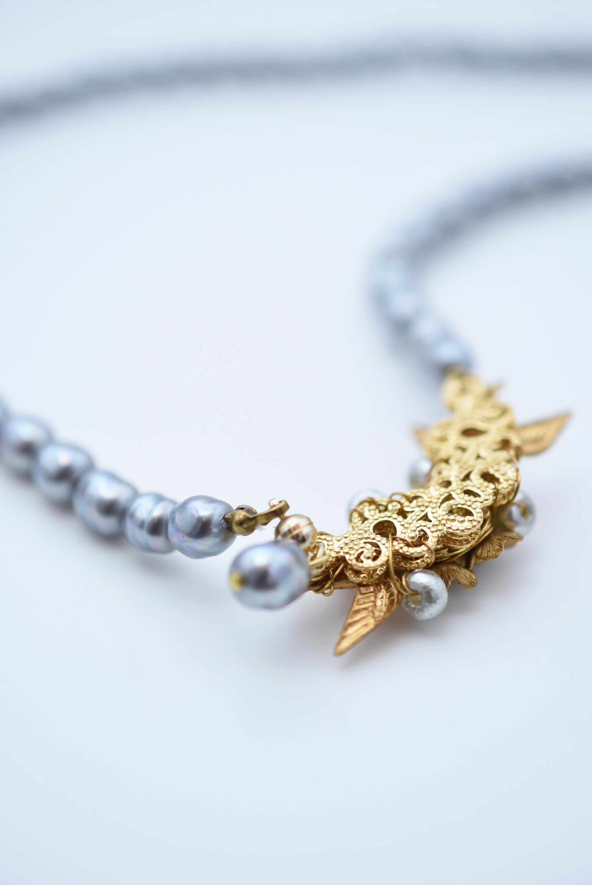 Artisan loquat flower and birds short necklace  / vintage jewelry , 1970's vintage parts For Sale