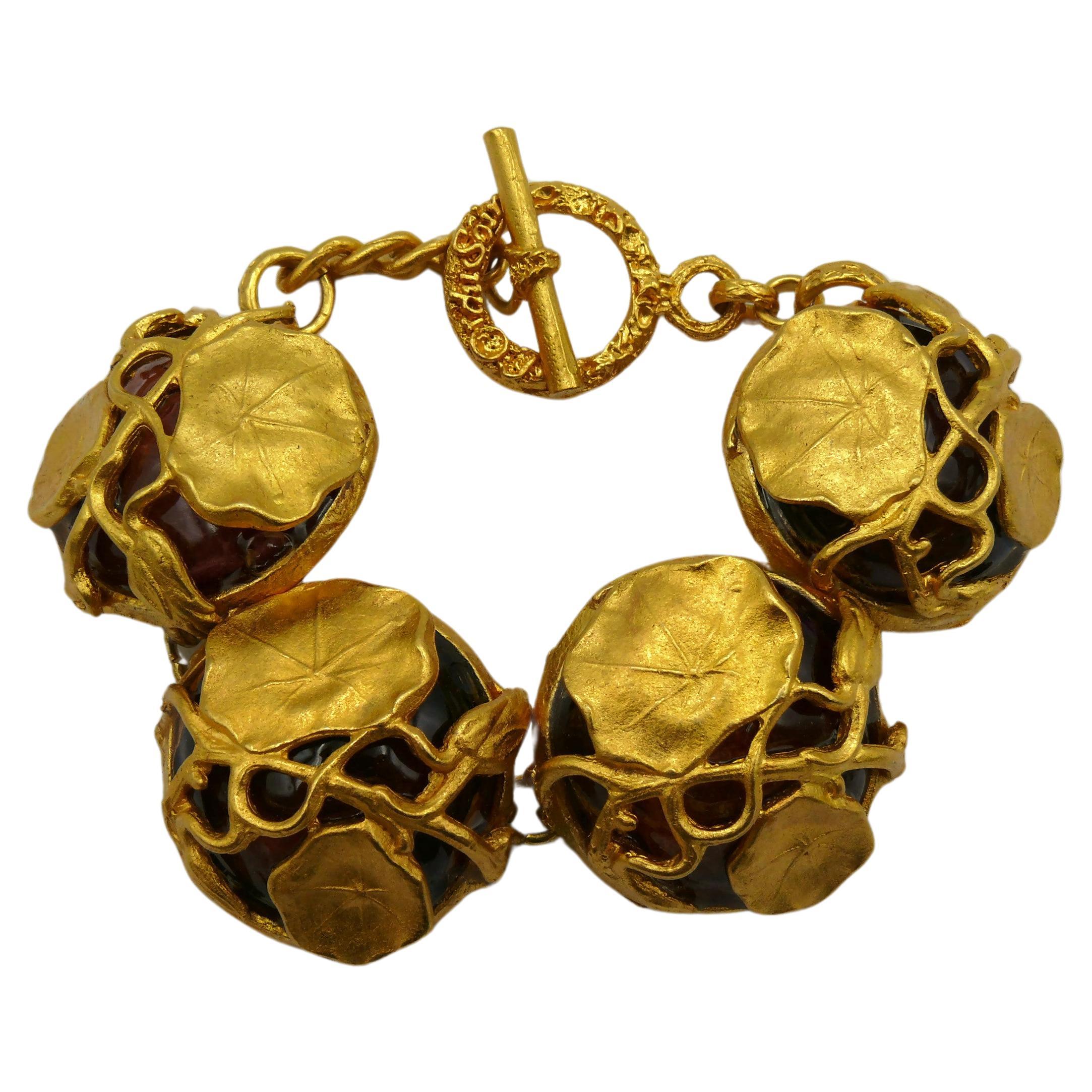 L'Or du Soir Paris Vintage Gold Tone Art Nouveau Inspired Floral Bracelet For Sale