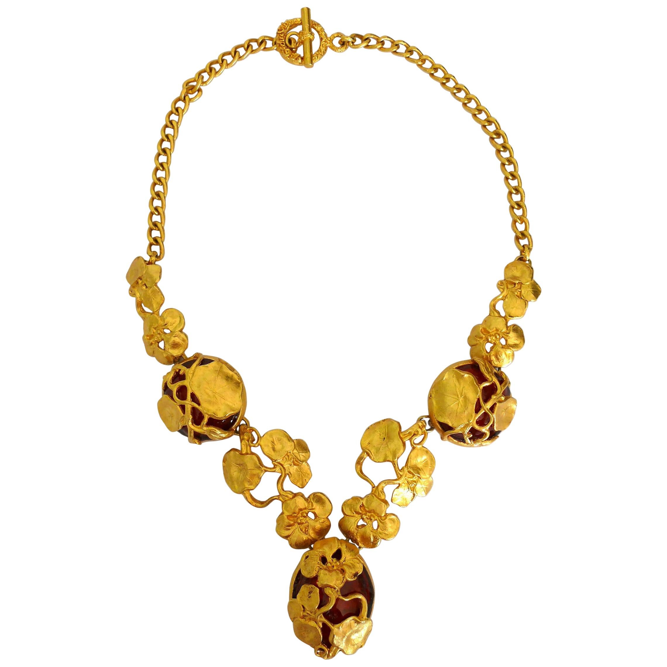 L'Or du Soir Paris Vintage Gold Toned Art Nouveau Inspired Floral Necklace