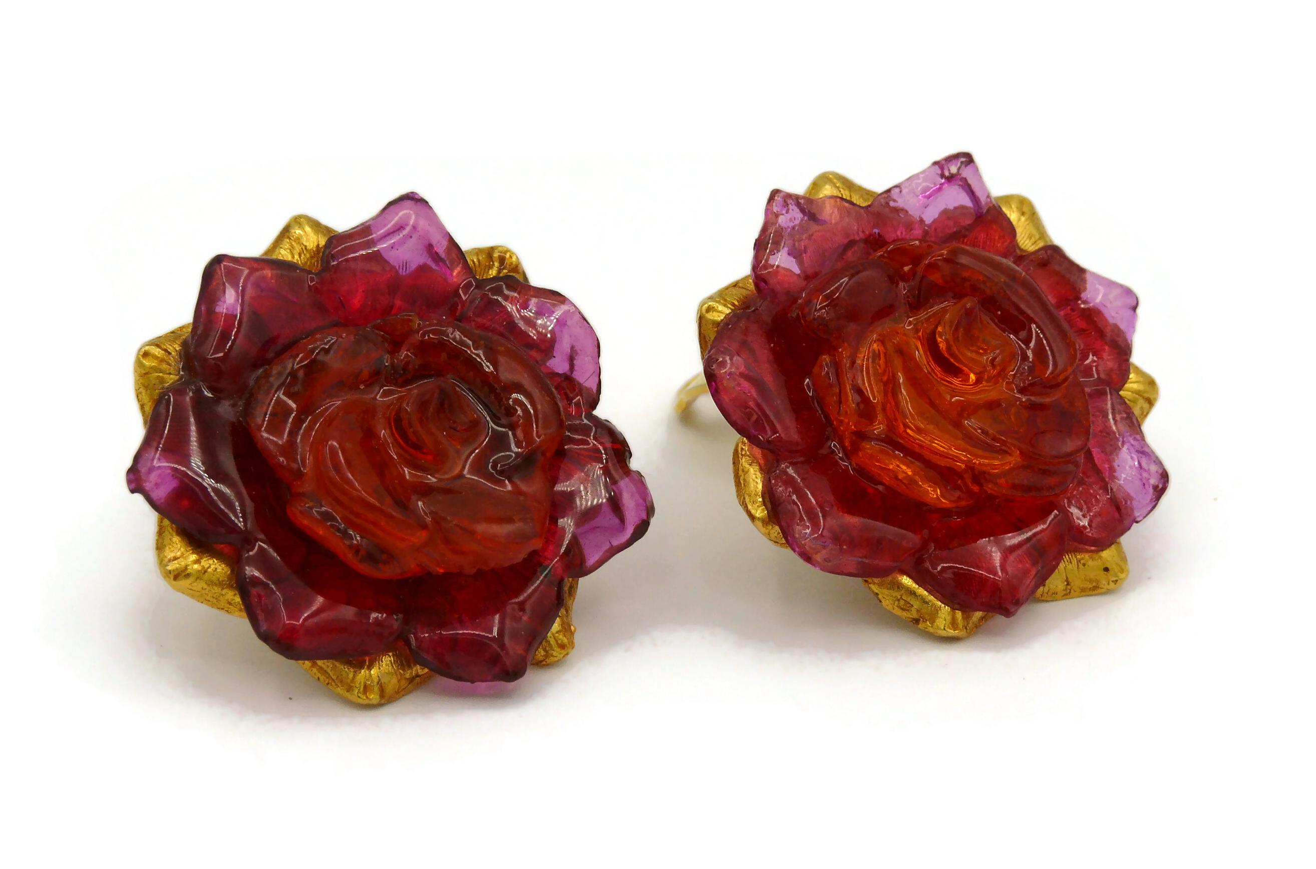 L'OR DU SOIR Vintage Gold Tone Flower Clip-On Earrings In Good Condition For Sale In Nice, FR