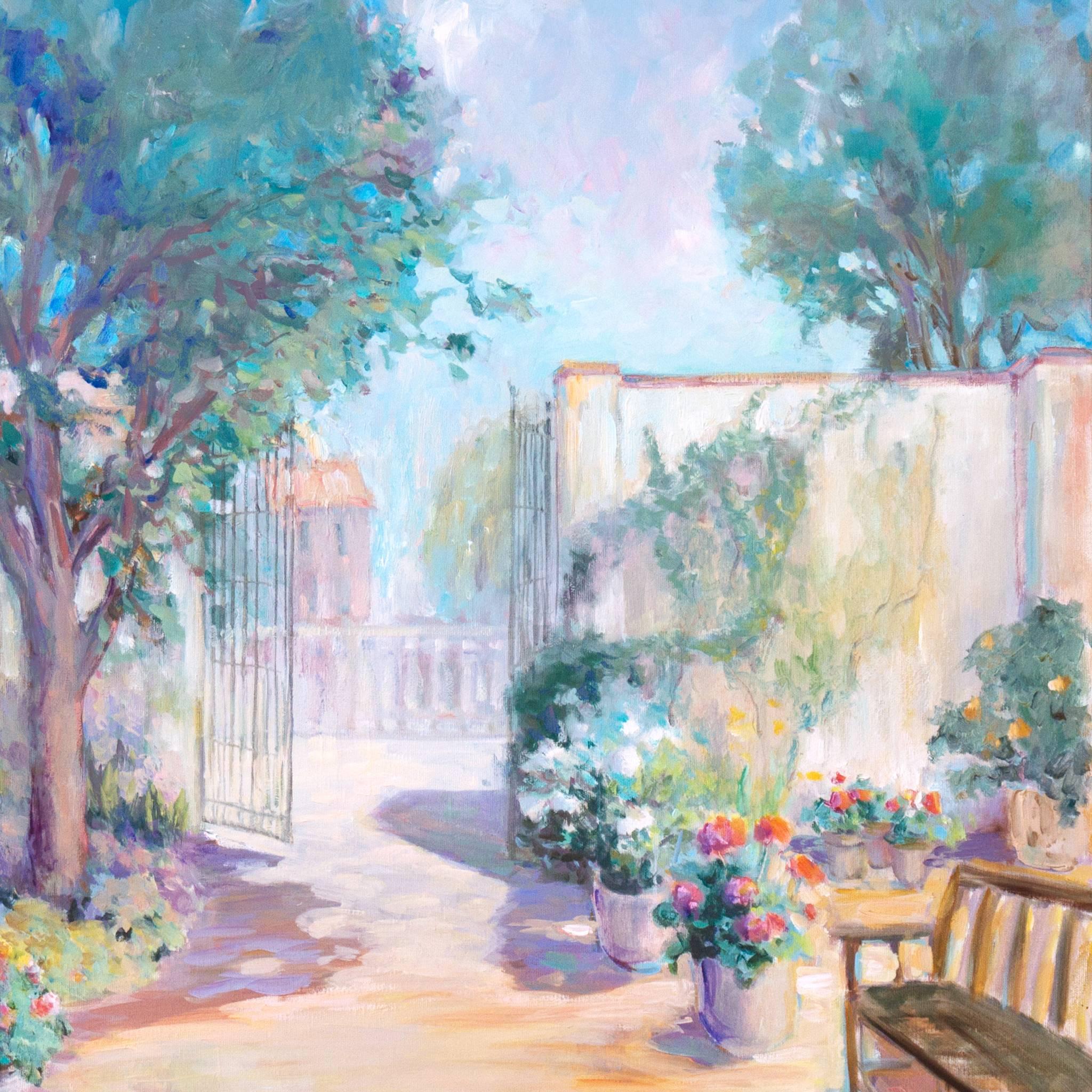 'Private Garden', Large American Impressionist oil, Hawaii, Australia, Seattle - Gray Landscape Painting by Loraine Balsillie