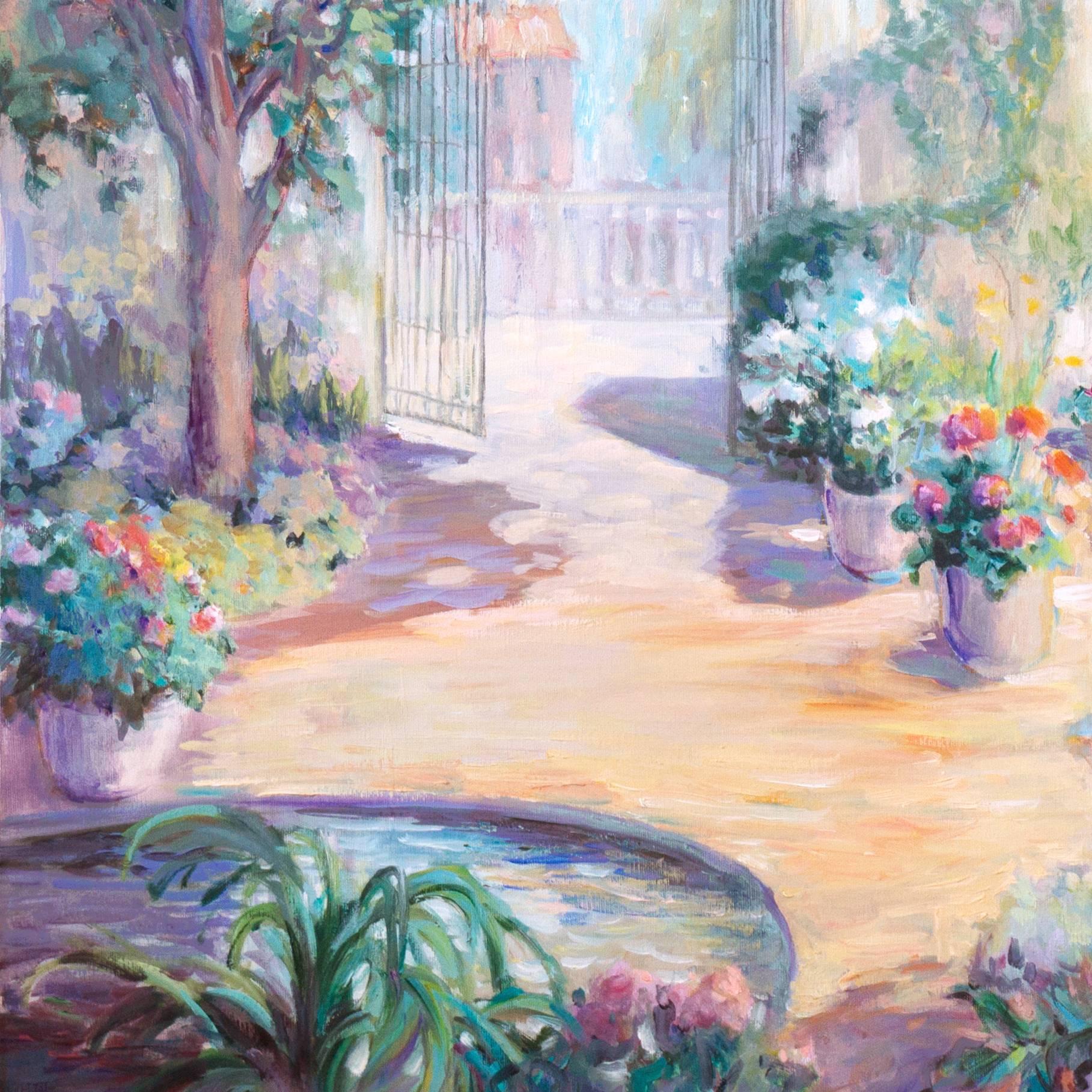 A substantial oil landscape showing a view of a sunlit courtyard with a fountain and blossoming perennials in earthenware pots, and a view beyond towards a neo-classical villa.

Signed lower right, 
