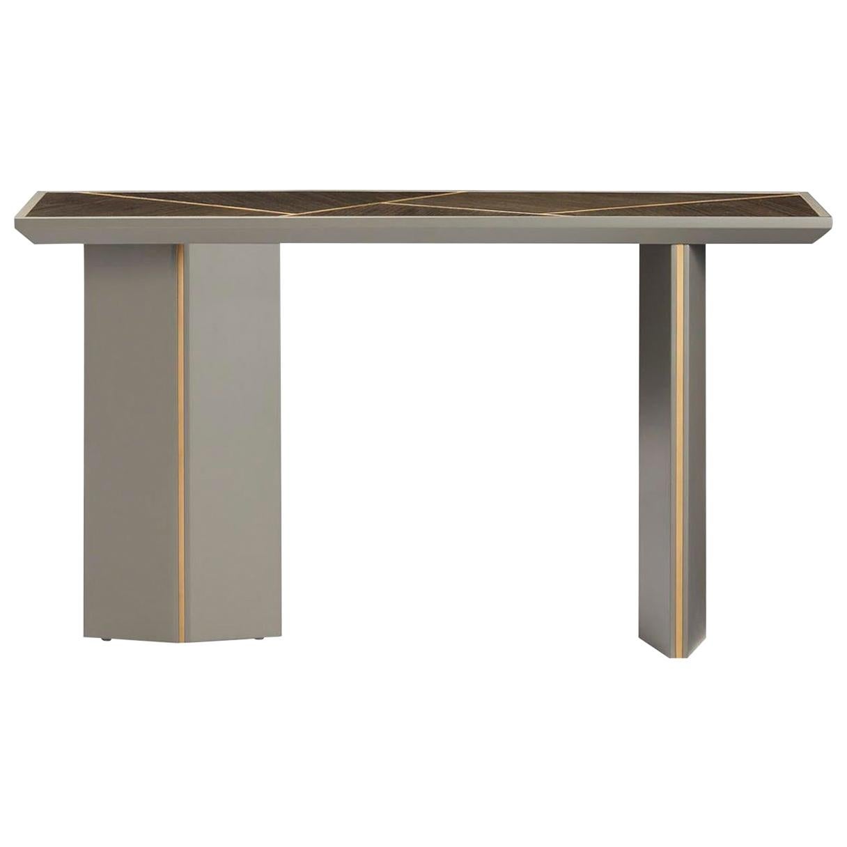 LORCA Console in Glossy Grisio Gris Top and Antique Brass Color Trims For Sale