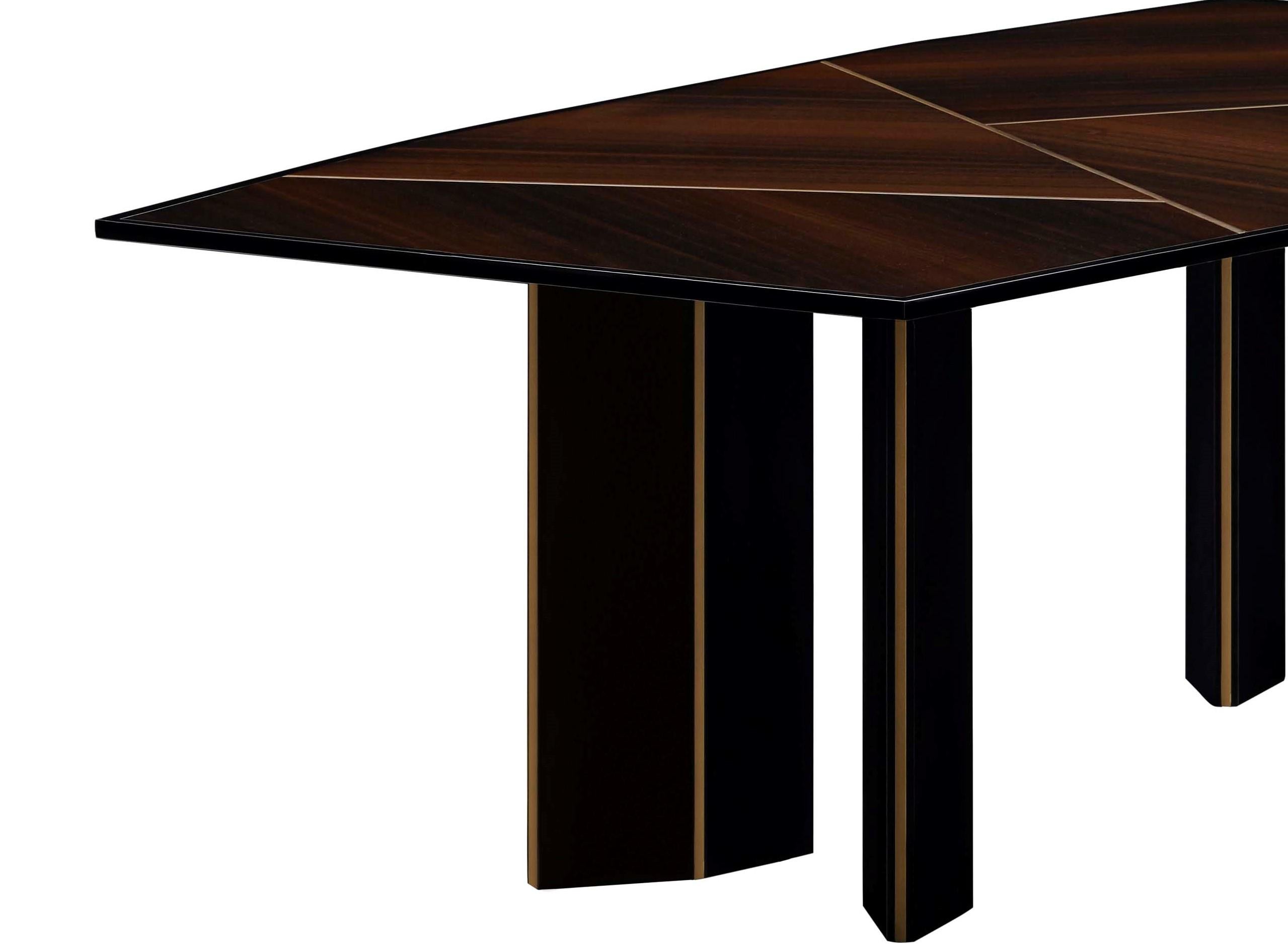Modern Lorca Dining Table in Eucalyptus Fumé with Antique Brass Color Trimmings