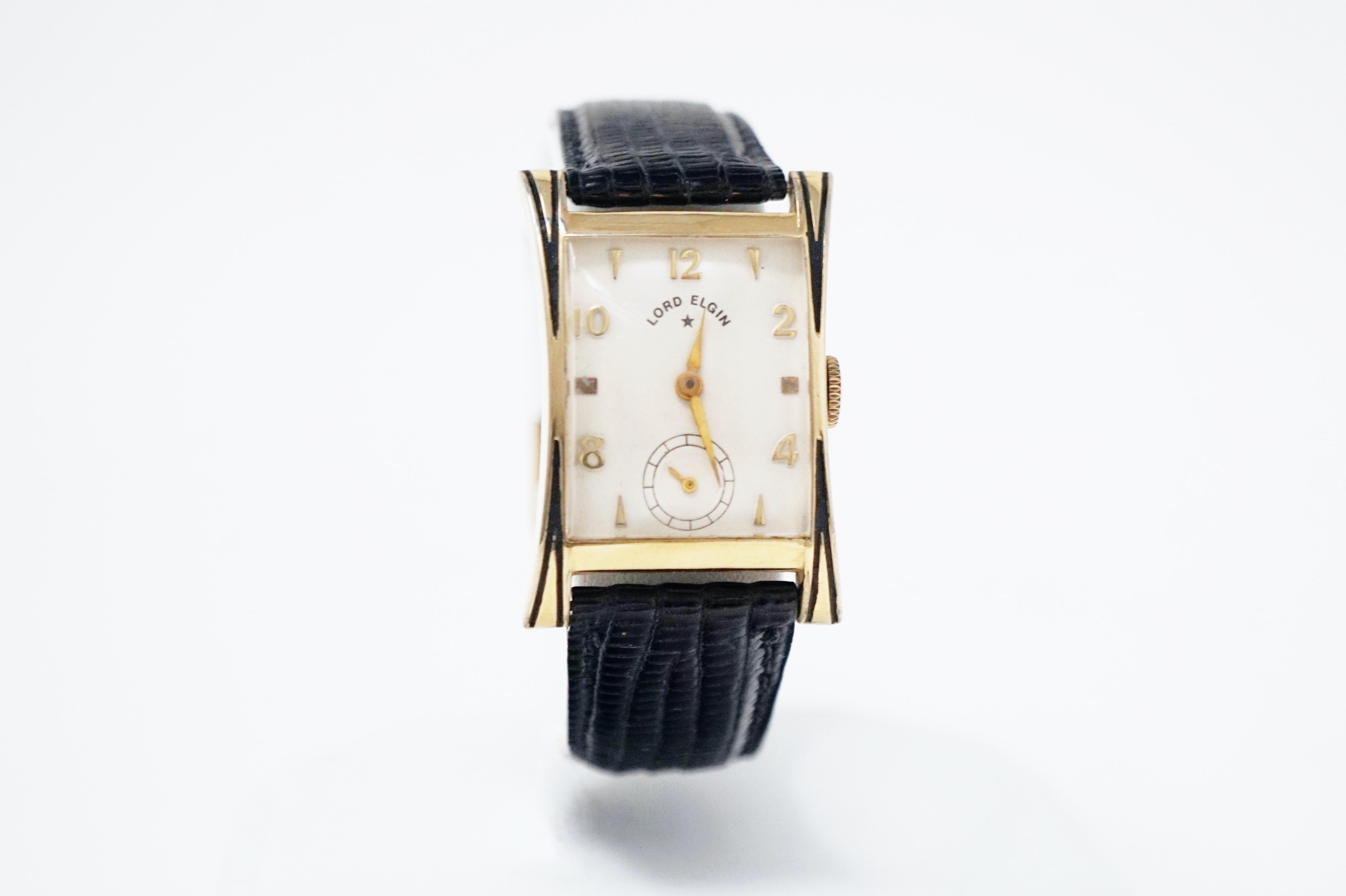 The Thornton is one of Elgin’s signature watch designs in the mid 1950s. In typical Lord Elgin style, the case is 14K gold filled with a top of the line 21 jewel movement.

The size of this watch makes it ideal for either a man or woman.

DETAILS:
-