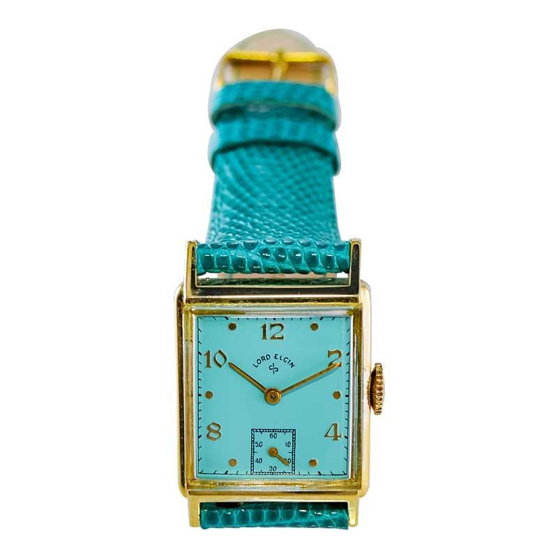 Lord Elgin Gold Filled Art Deco Wrist Watch with Unique Tiffany Blue Dial, 1950 3