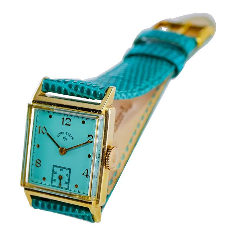 Lord Elgin Gold Filled Art Deco Wrist Watch with Unique Tiffany Blue Dial, 1950 4