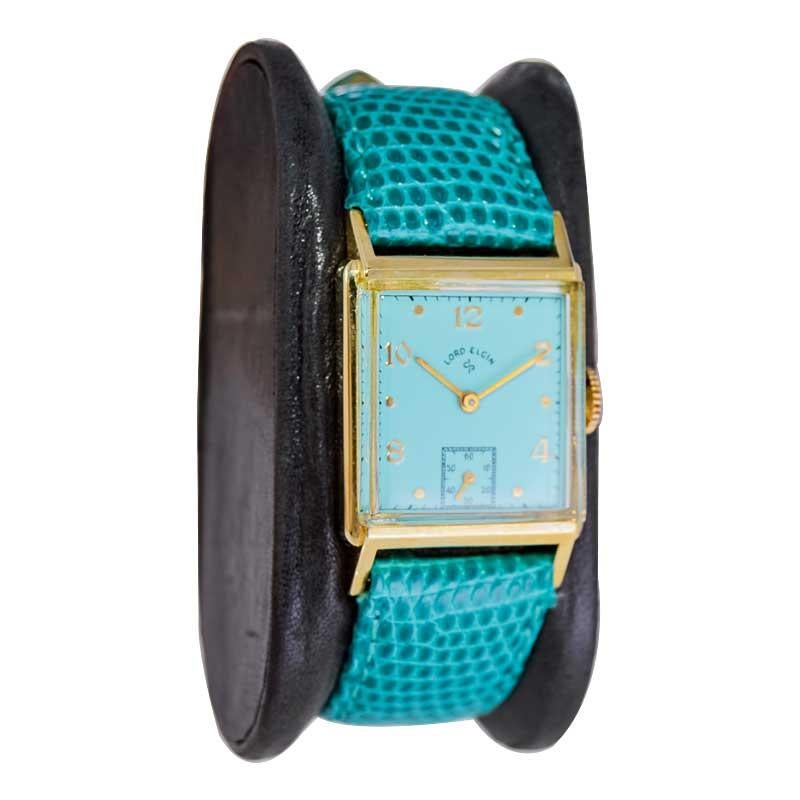 Lord Elgin Gold Filled Art Deco Wrist Watch with Unique Tiffany Blue Dial, 1950 In Excellent Condition In Long Beach, CA
