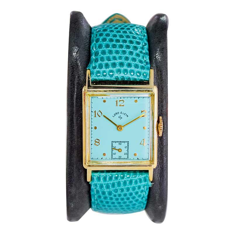 Women's or Men's Lord Elgin Gold Filled Art Deco Wrist Watch with Unique Tiffany Blue Dial, 1950