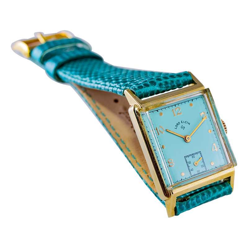 Lord Elgin Gold Filled Art Deco Wrist Watch with Unique Tiffany Blue Dial, 1950 1