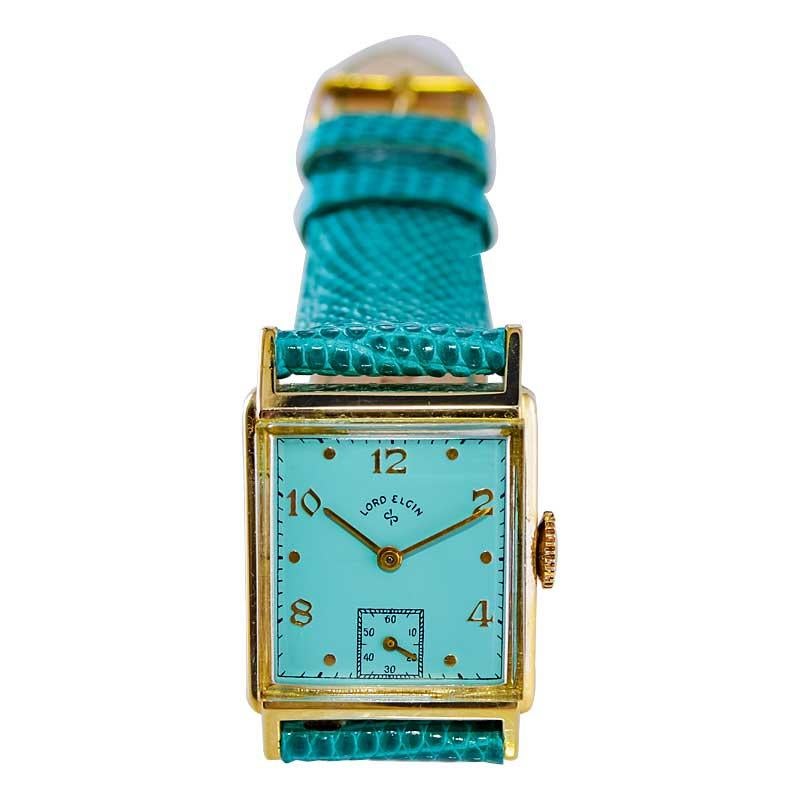 Lord Elgin Gold Filled Art Deco Wrist Watch with Unique Tiffany Blue Dial, 1950 2