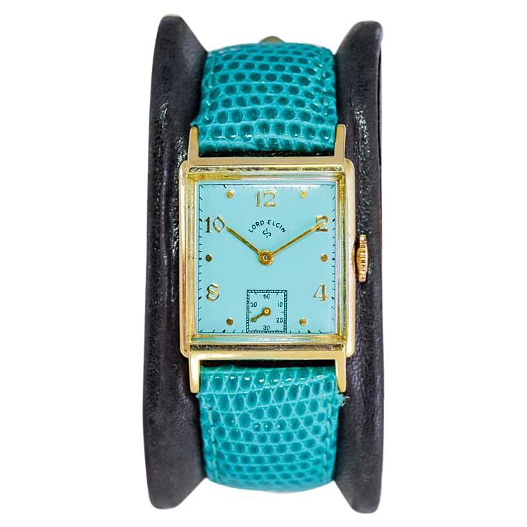 Lord Elgin Gold Filled Art Deco Wrist Watch with Unique Tiffany Blue Dial, 1950