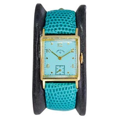 Retro Lord Elgin Gold Filled Art Deco Wrist Watch with Unique Tiffany Blue Dial, 1950