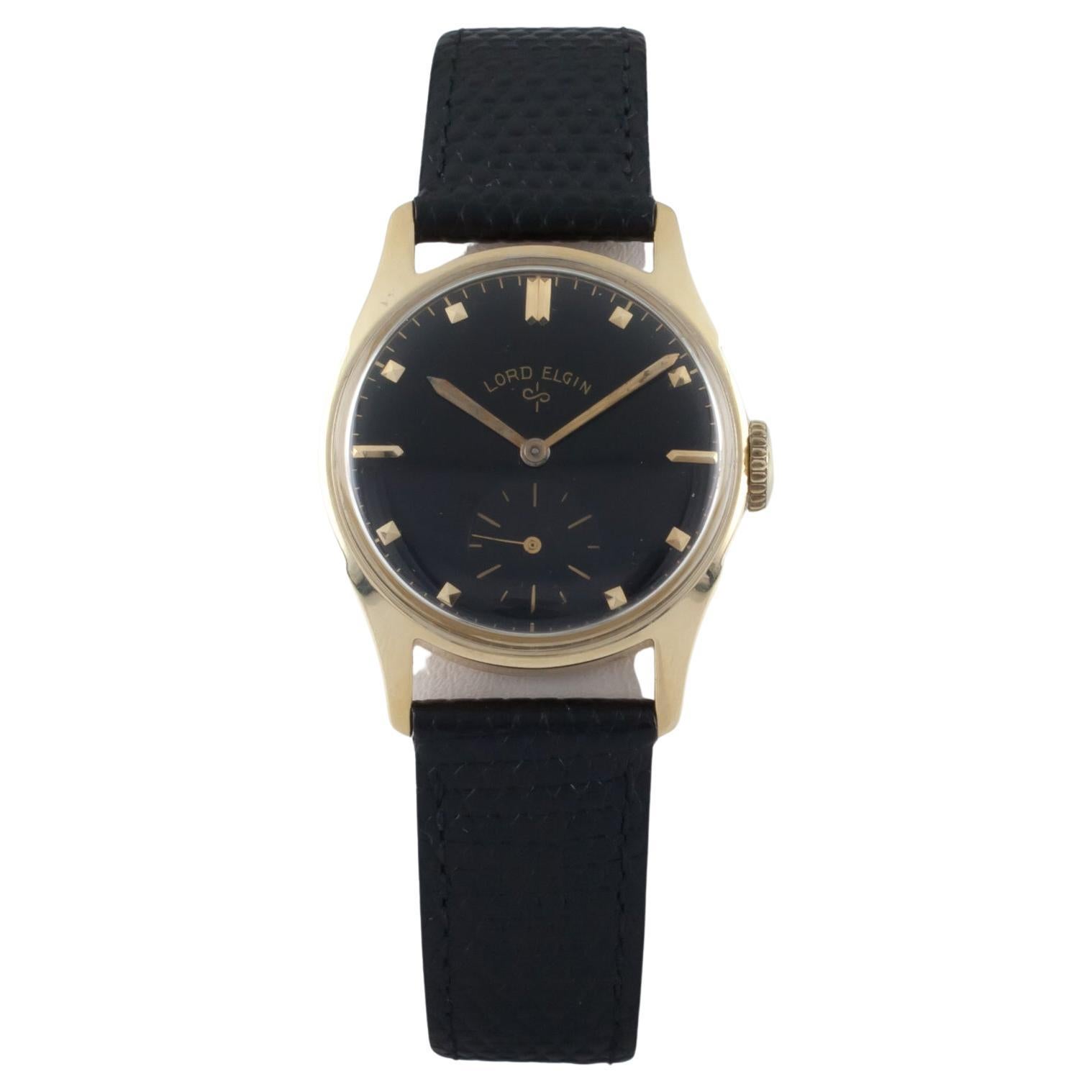 Lord Elgin Vintage 14k Yellow Gold Hand-Winding Watch Black Dial 1953 Mov #556 For Sale