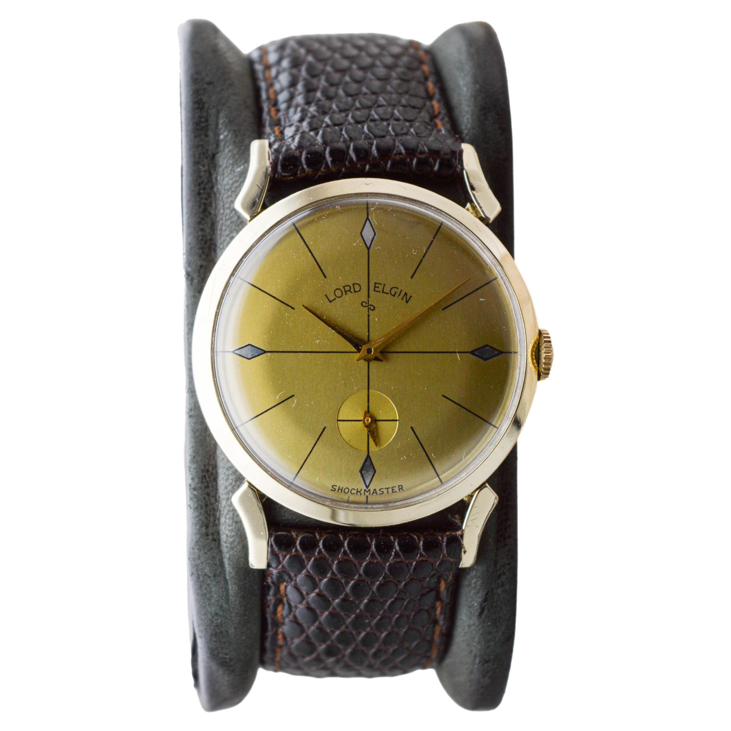 Lord Elgin Gelbgold-gefüllte Shockmaster Art Deco Uhr 1950er Jahre Original-Zifferblatt im Zustand „Hervorragend“ im Angebot in Long Beach, CA