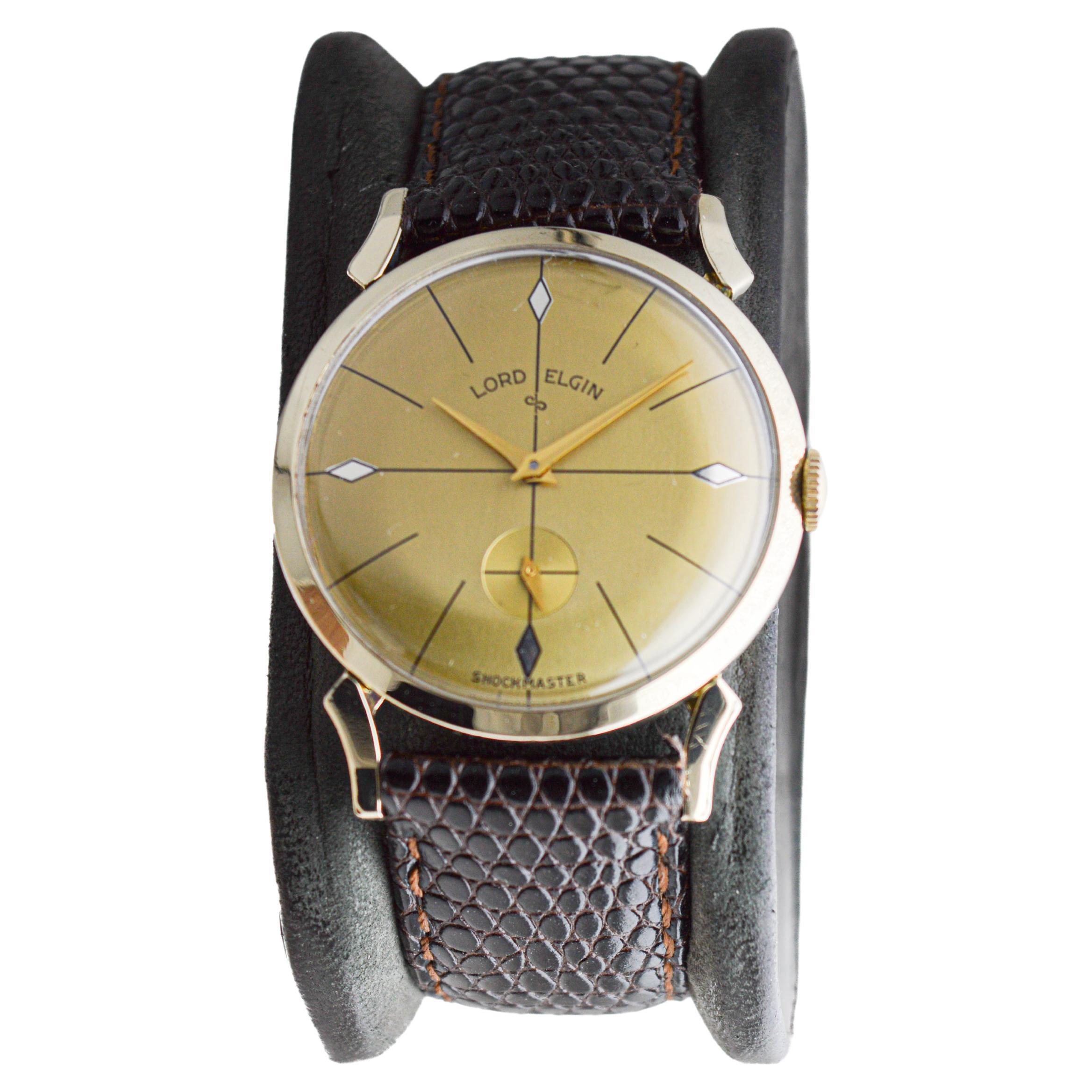 Lord Elgin Gelbgold-gefüllte Shockmaster Art Deco Uhr 1950er Jahre Original-Zifferblatt für Damen oder Herren im Angebot