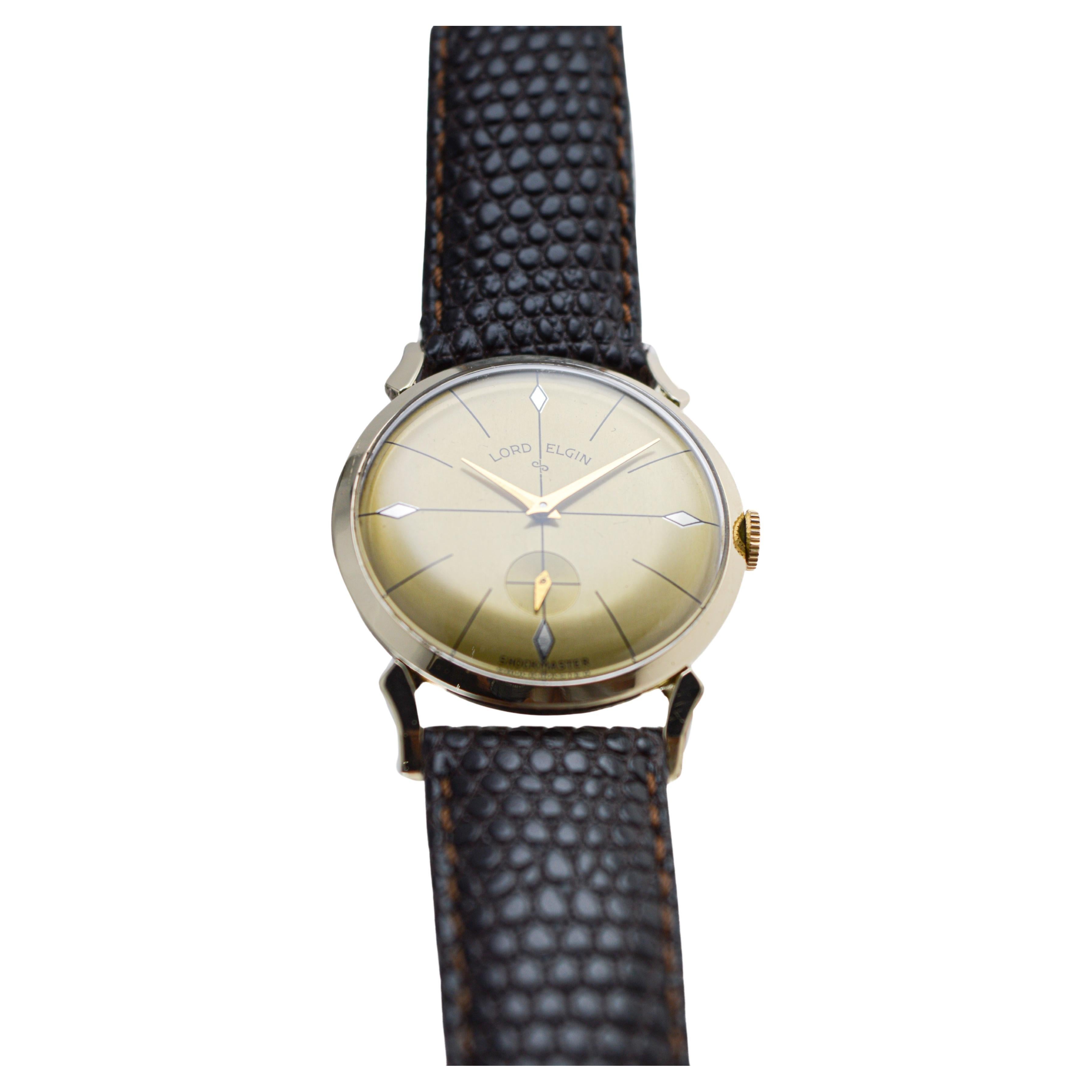 Lord Elgin Gelbgold-gefüllte Shockmaster Art Deco Uhr 1950er Jahre Original-Zifferblatt im Angebot 2
