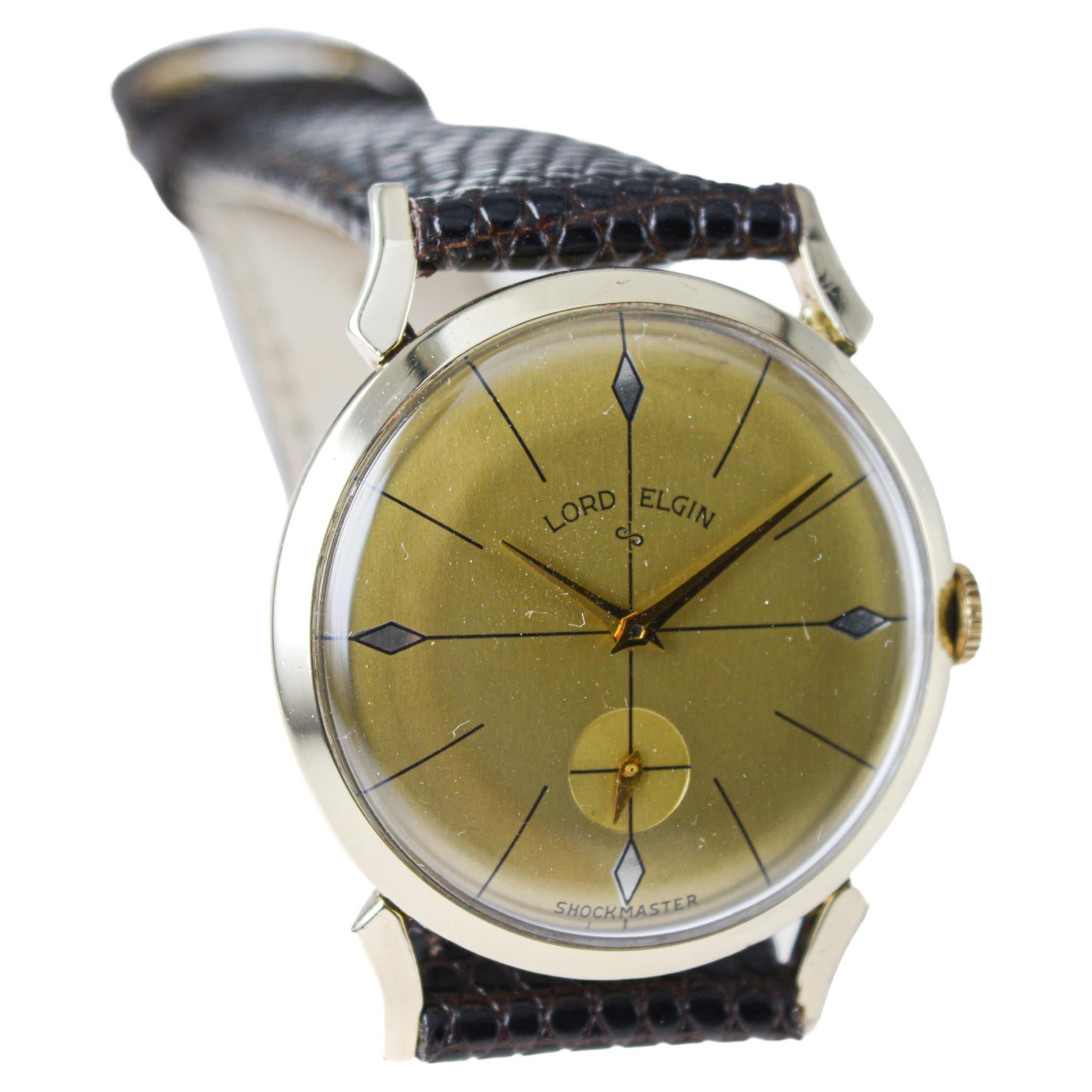 Lord Elgin Gelbgold-gefüllte Shockmaster Art Deco Uhr 1950er Jahre Original-Zifferblatt im Angebot 3