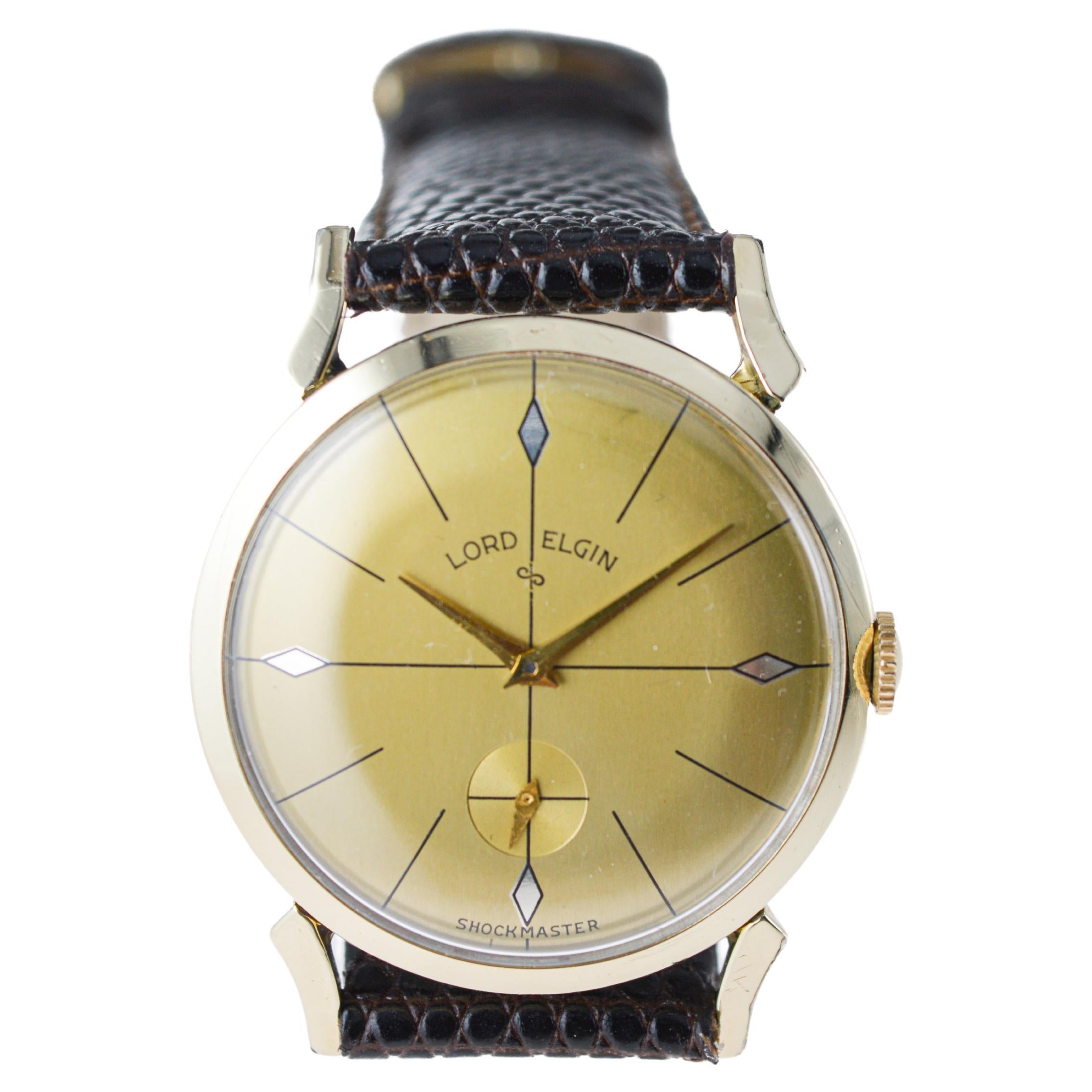 Lord Elgin Gelbgold-gefüllte Shockmaster Art Deco Uhr 1950er Jahre Original-Zifferblatt im Angebot 4